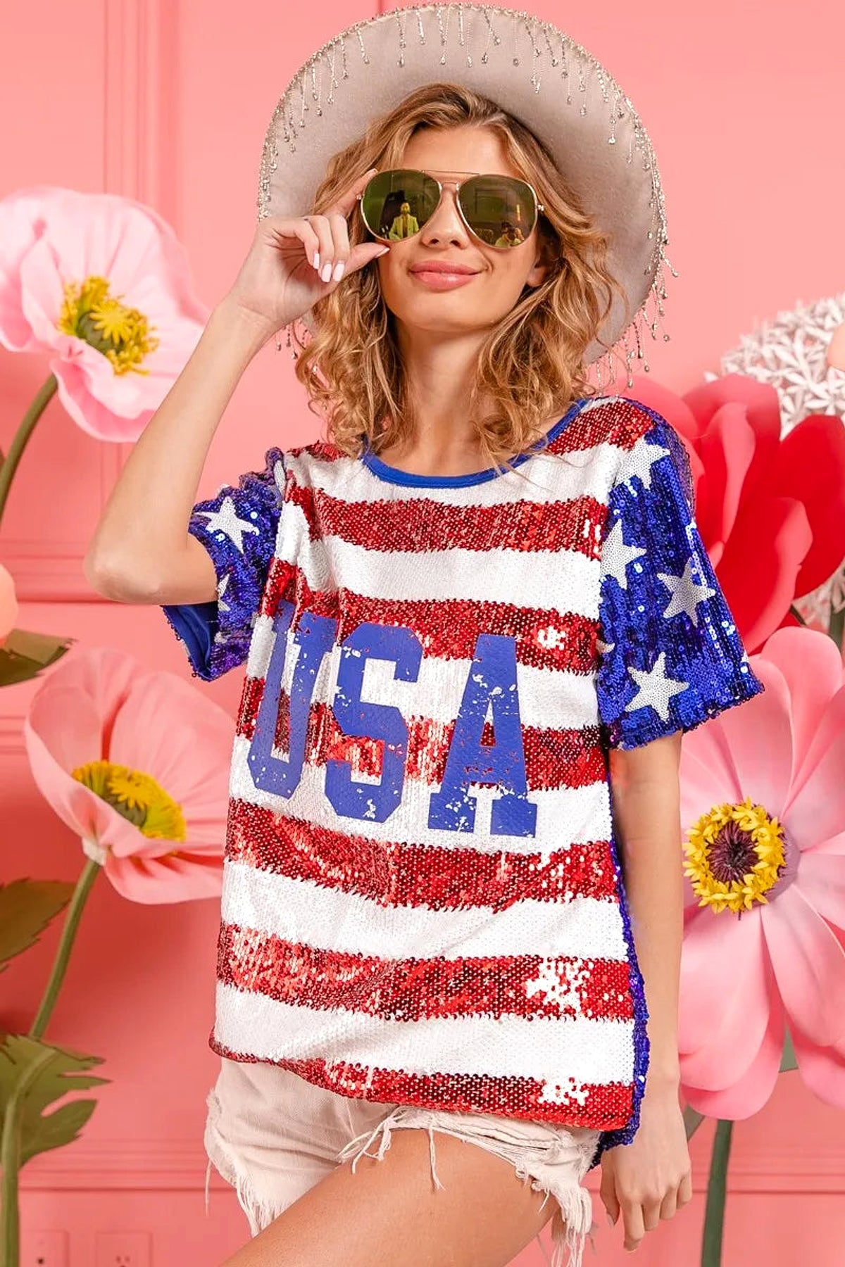 BiBi American Flag Theme USA Lettering Sequin Top - enhanced image 2
