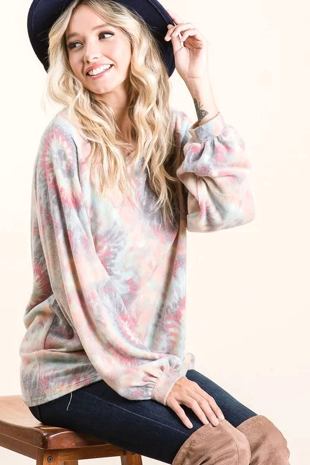 BiBi Brushed Tie Dye Print Top with Puff Sleeves - enhanced image 2