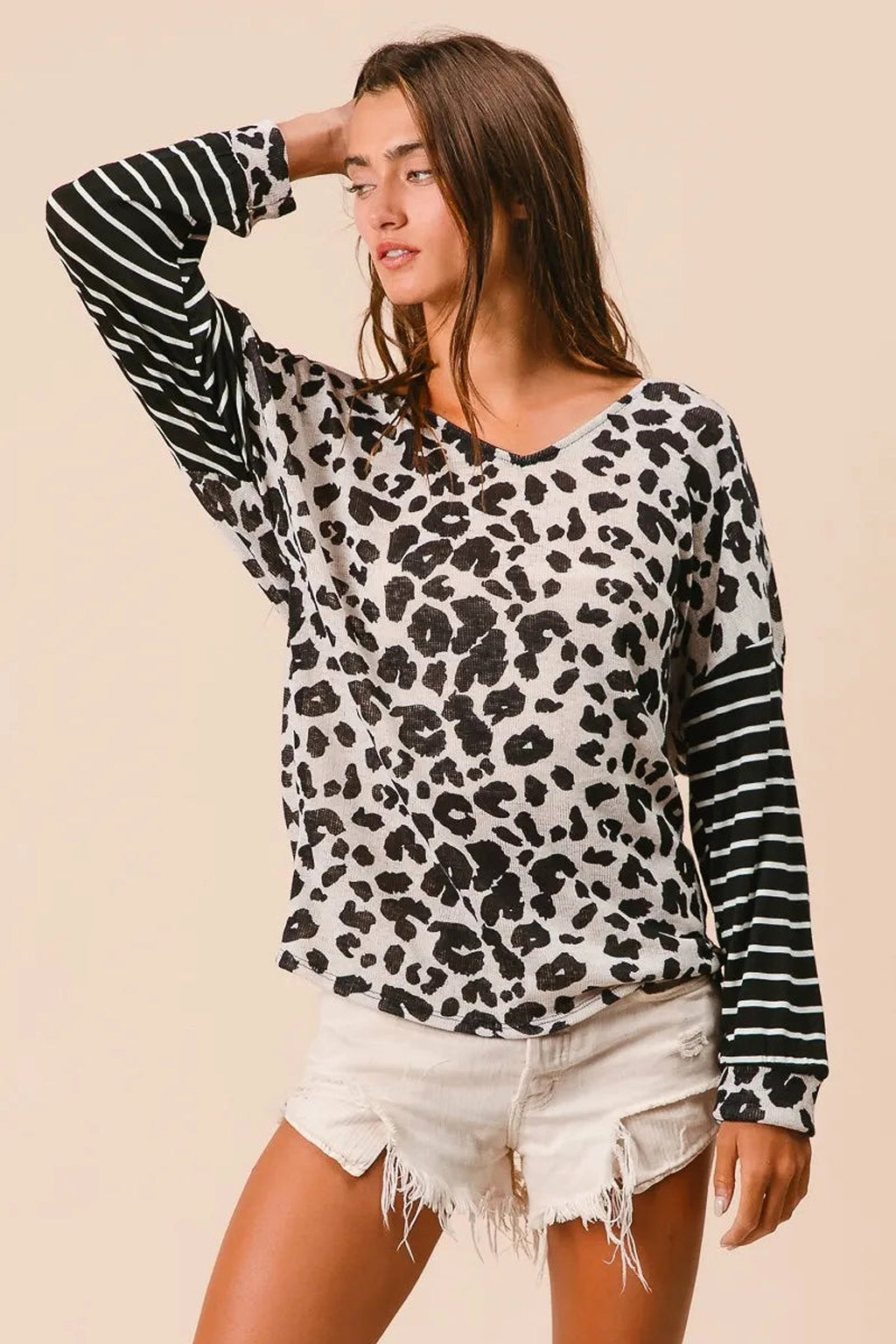 BiBi Leopard Hacci Knit Twist Back Top With Stripe Sleeve - enhanced image 2
