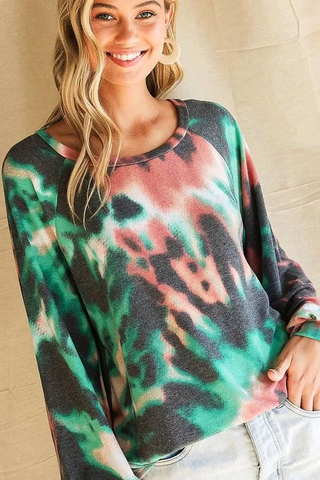 BiBi Tie Dye Print Terry Top with Puff Sleeves - enhanced image 2