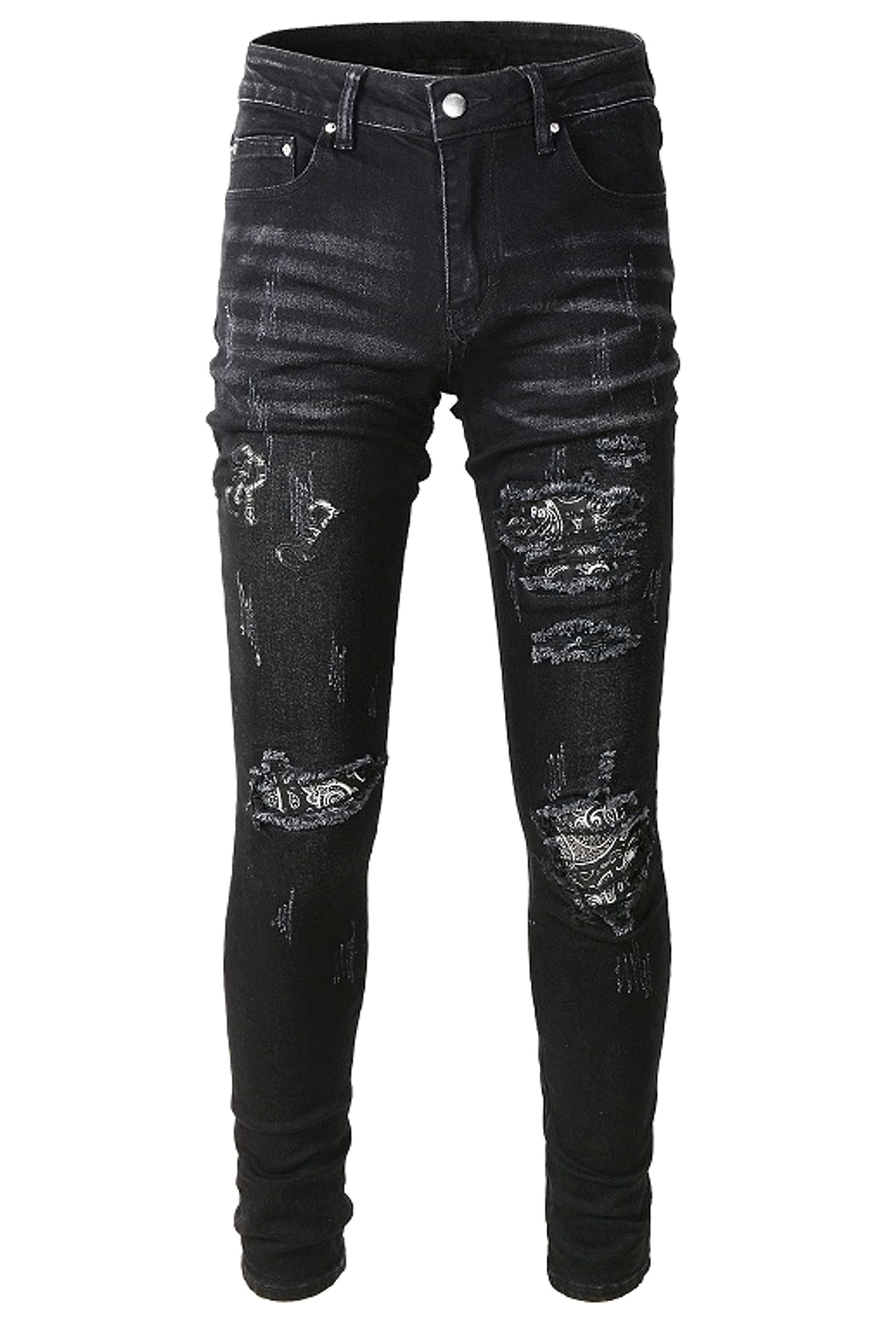 Black Cashew Flower Printed Patch Torn Jeans For Men - enhanced image 2