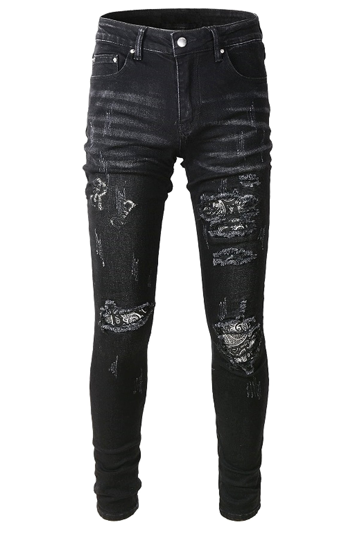 Black Cashew Flower Printed Patch Torn Jeans For Men - enhanced image 2