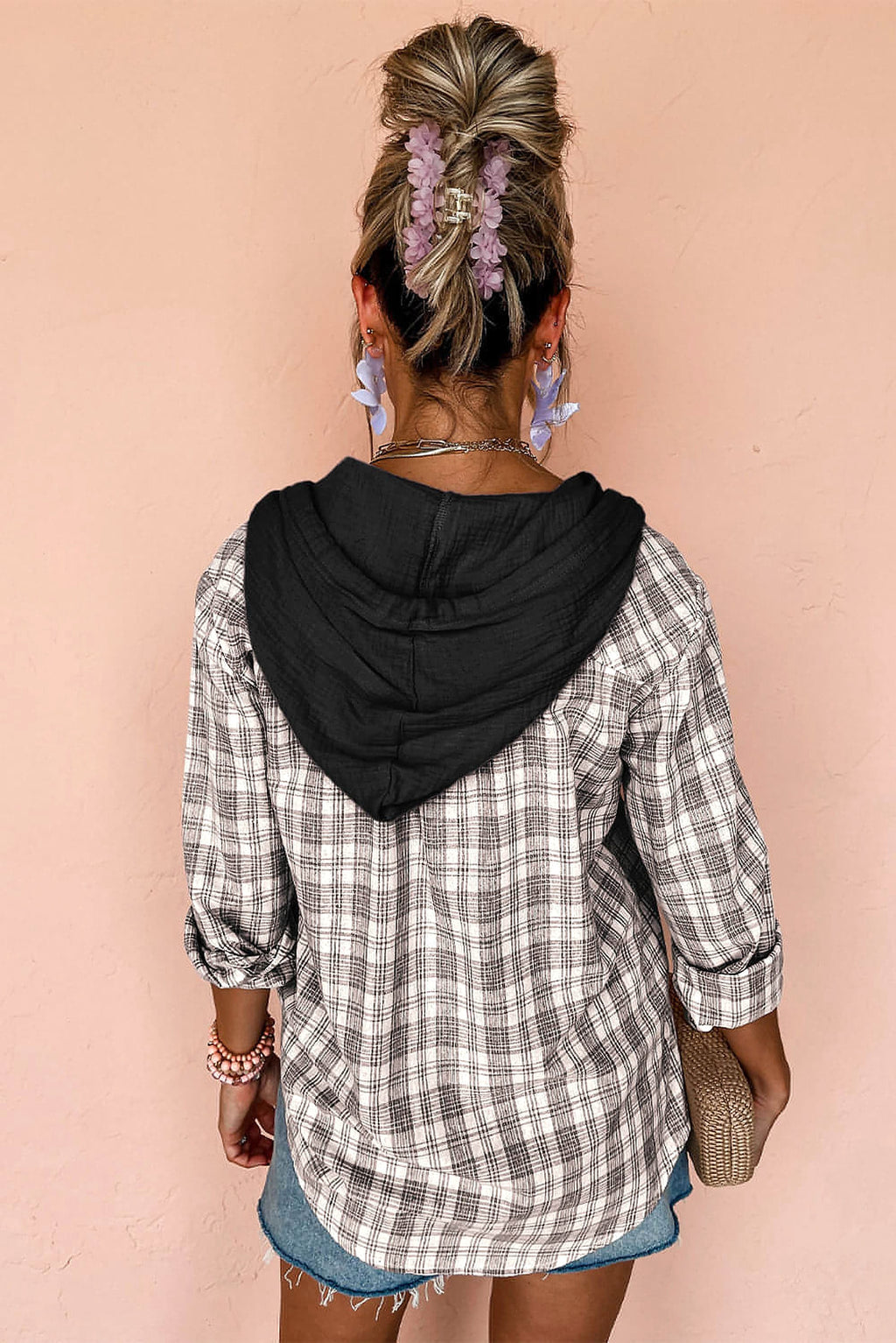 Black Checkered Print Loose Fit Buttoned Hooded Shacket - enhanced image 2