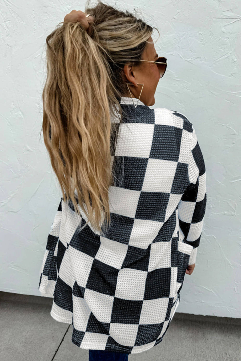 Black Checkered Waffle Knit Thumbhole Open Front Cardigan - enhanced image 2