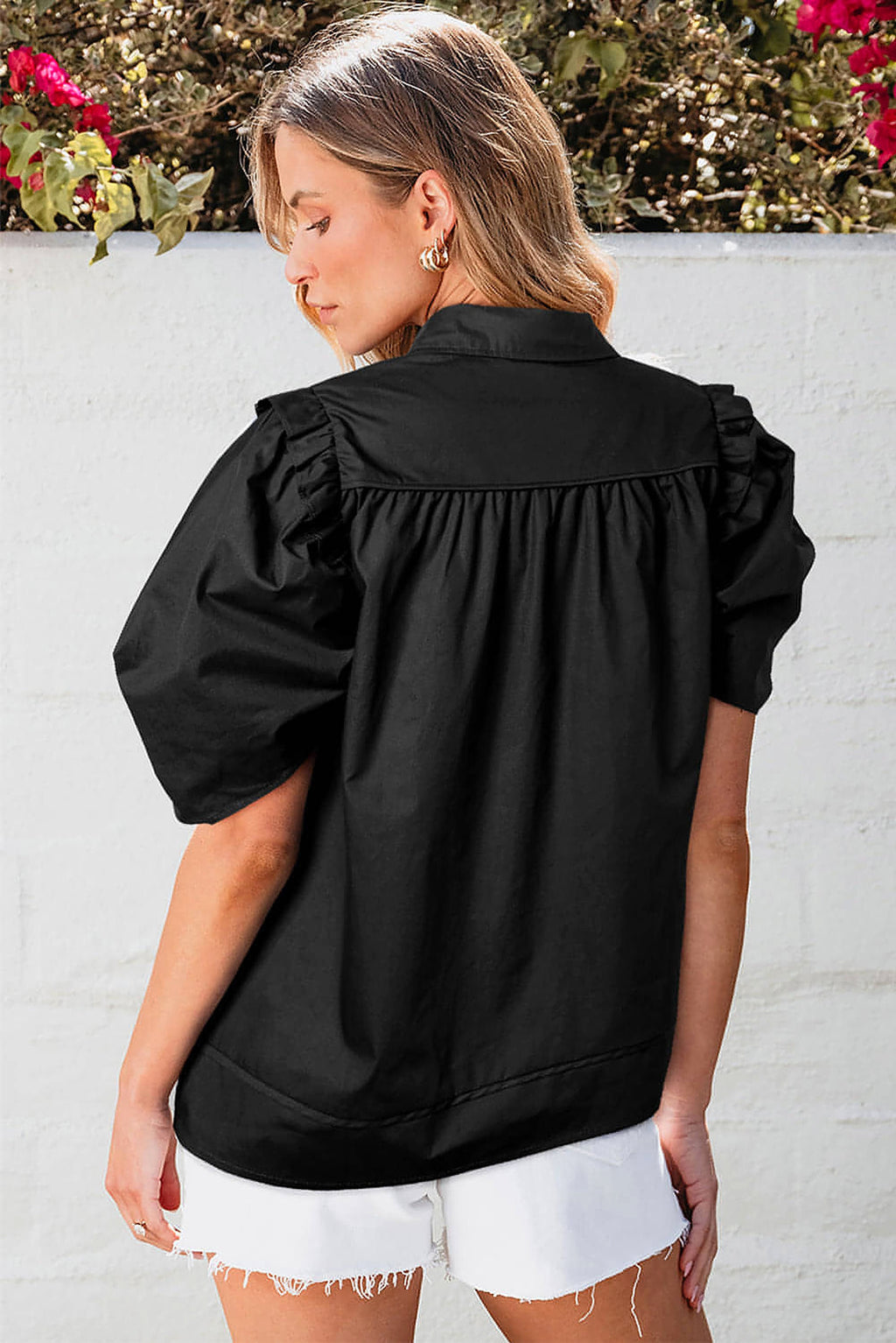 Black Crisp Puff Sleeve Loose Shirt - enhanced image 2