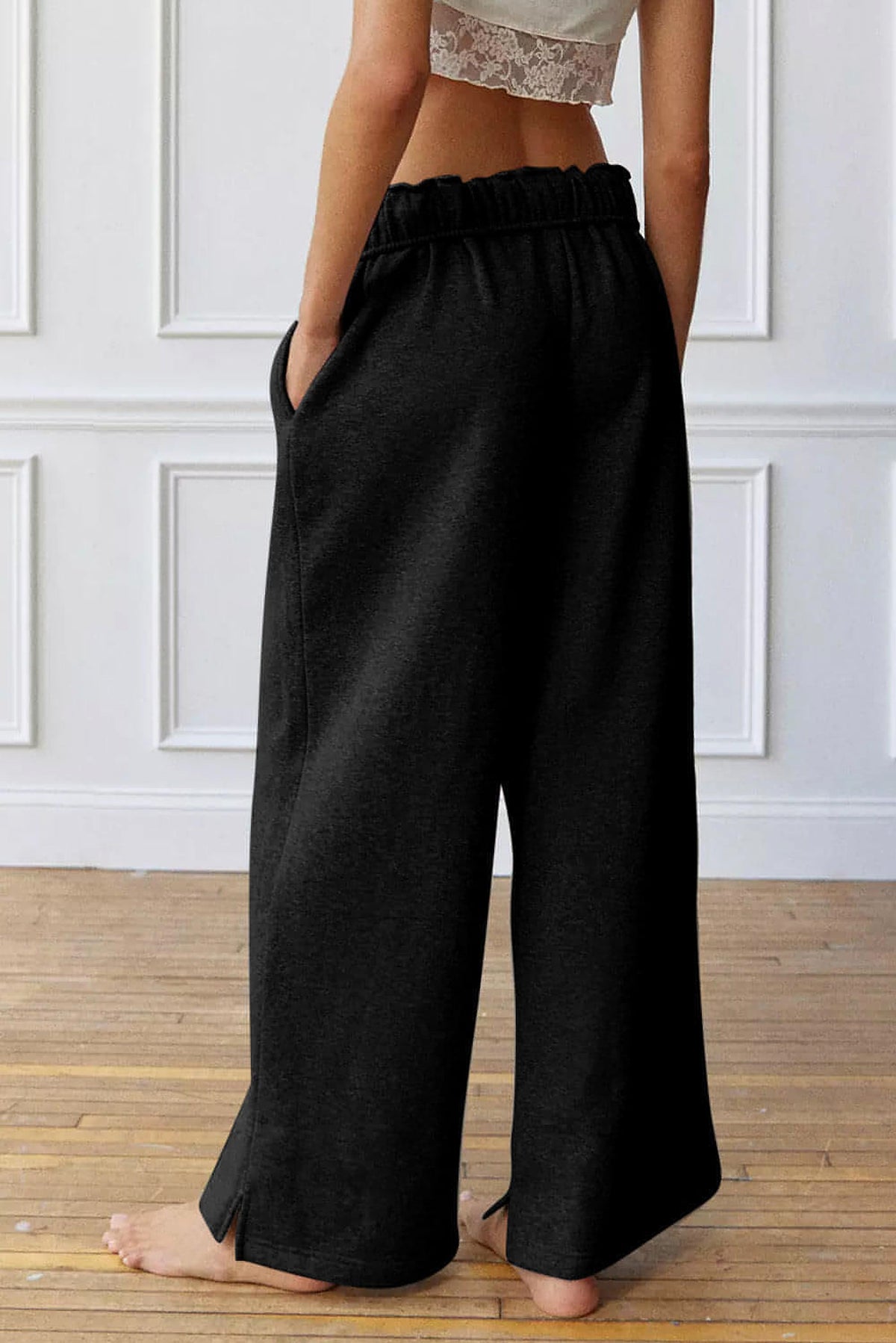 Black Elastic High Waist Drawstring Sweatpants - enhanced image 2