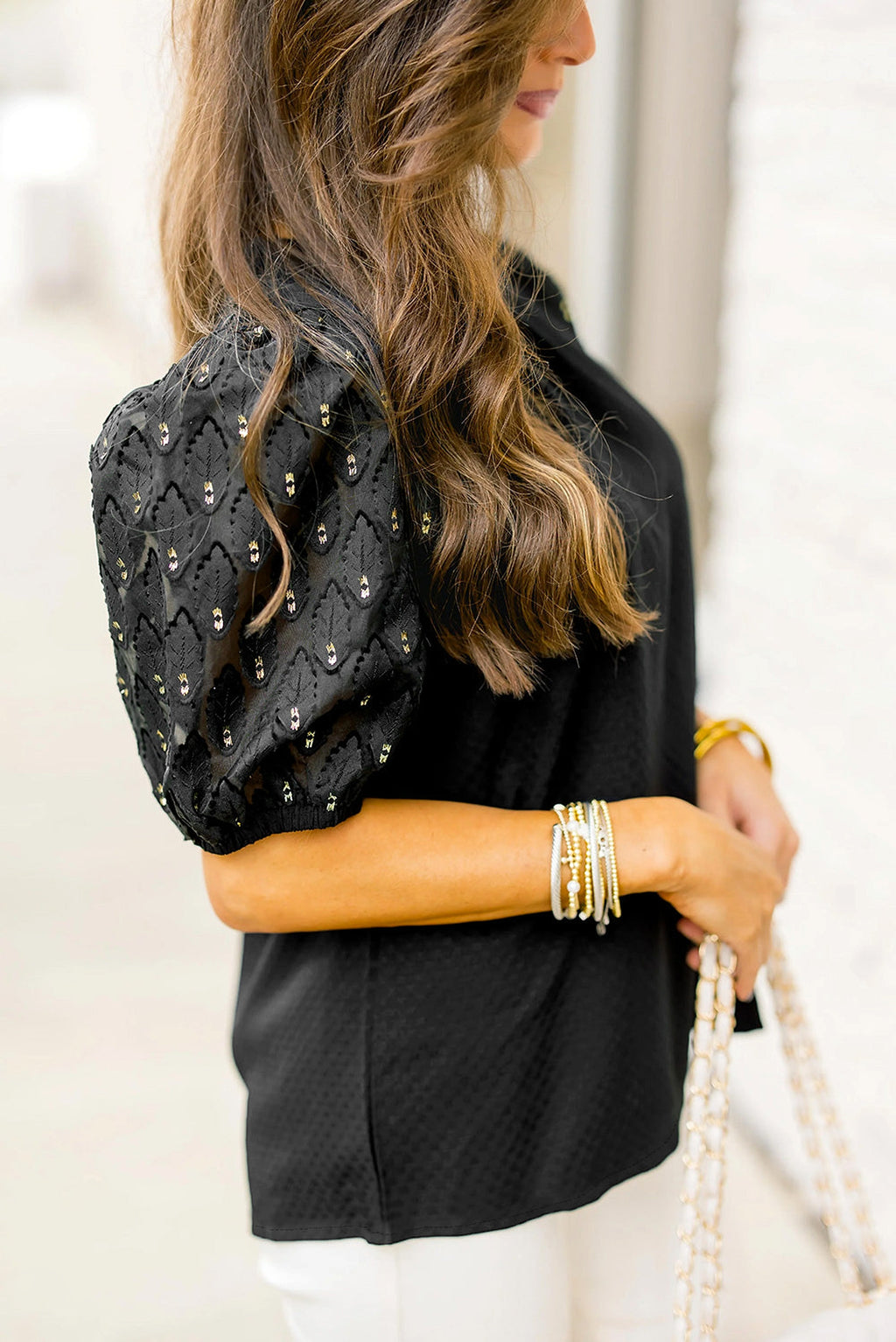 Black Feather Bubble Sleeve Patchwork Textured Blouse - enhanced image 2