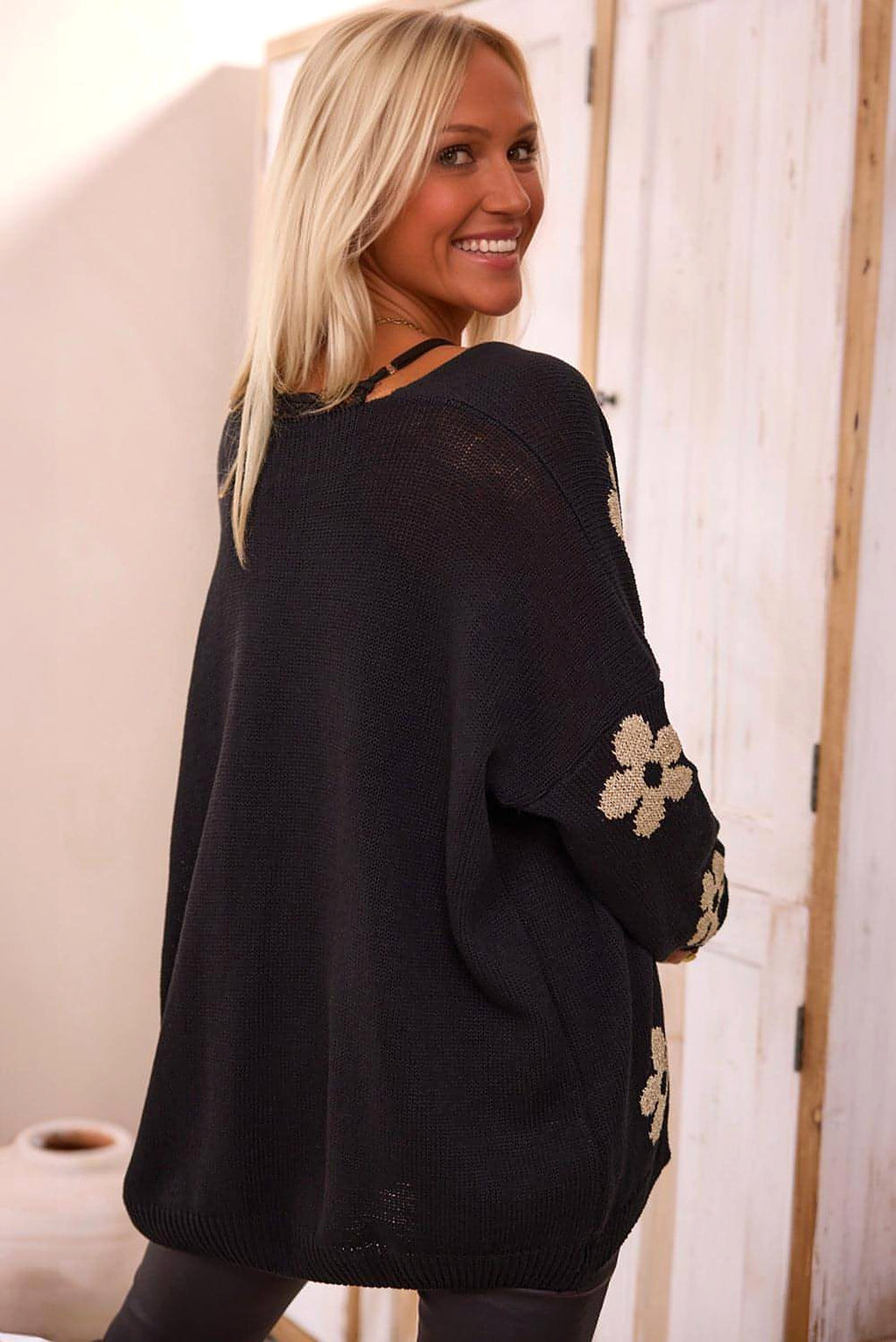 Black Floral Print Knitted Open Front Loose Cardigan - enhanced image 2