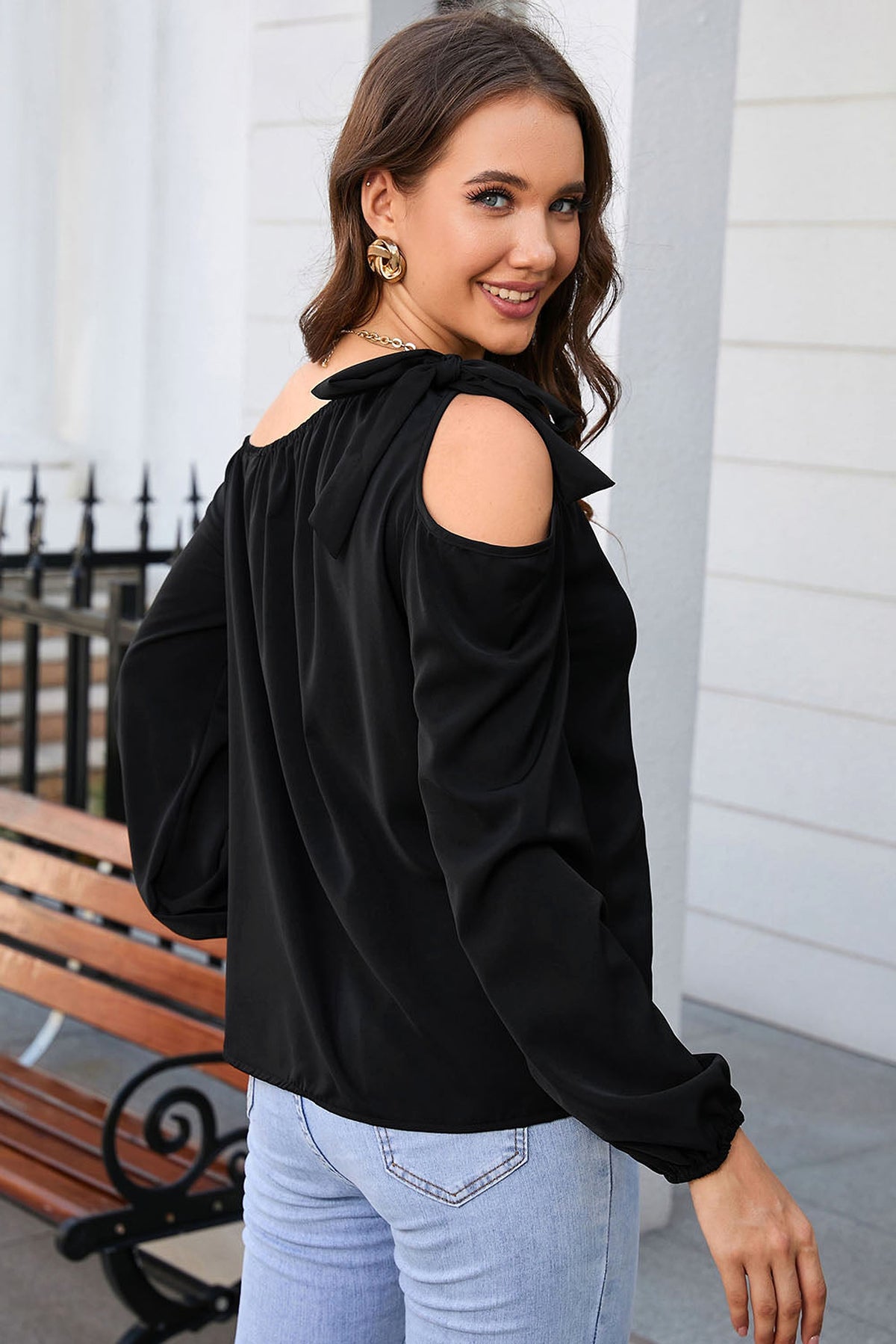 Black Knotted Asymmetric Off Shoulder Blouse - enhanced image 2