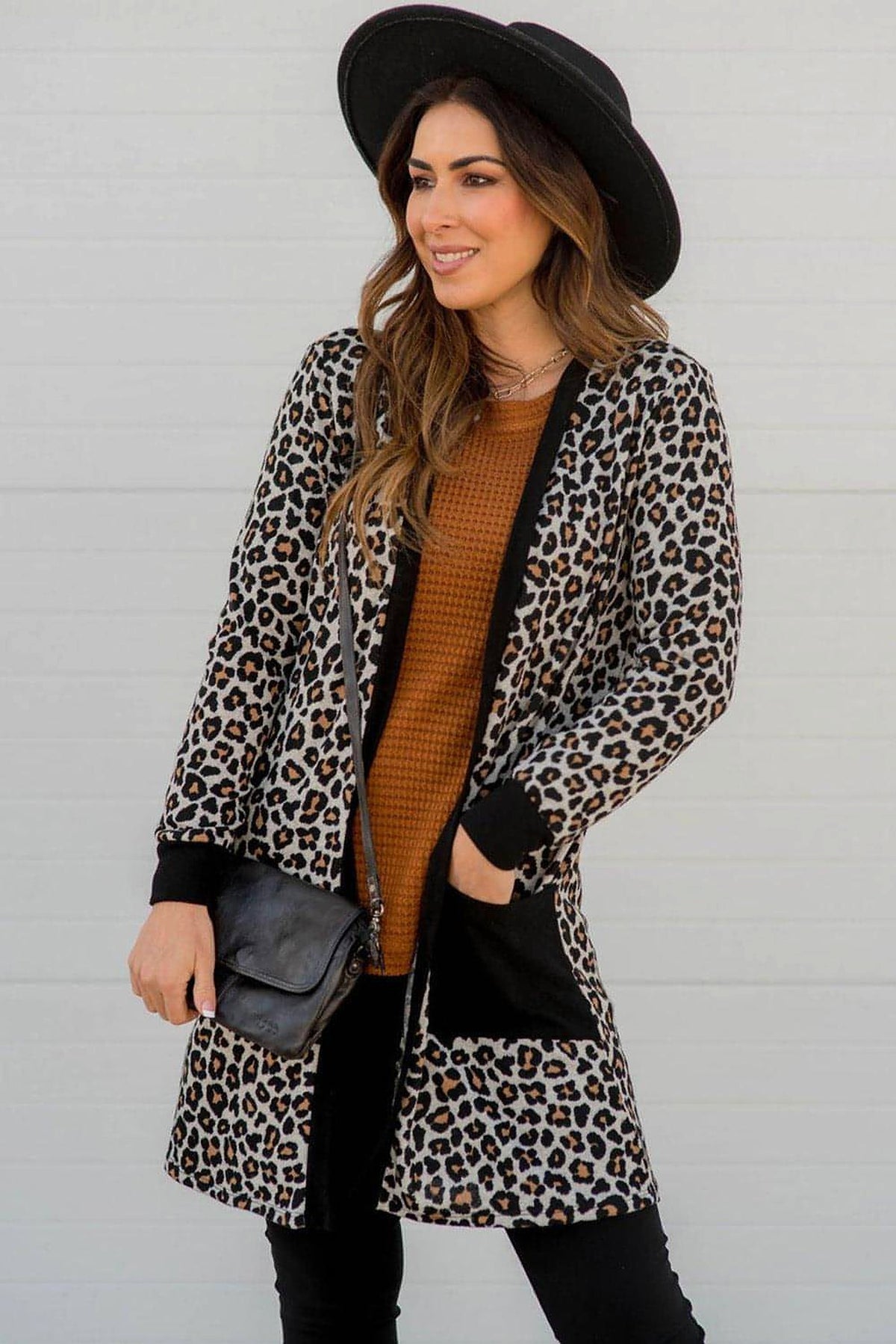 Black Leopard Patched Pocket Open Front Cardigan - enhanced image 2