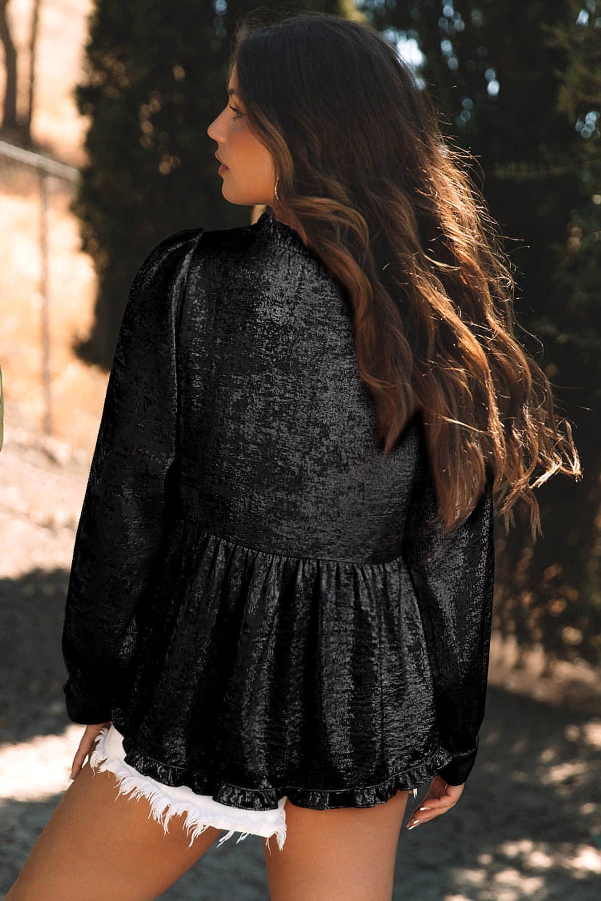 Black Metallic Frilled V Neck Puff Sleeve Babydoll Blouse - enhanced image 2