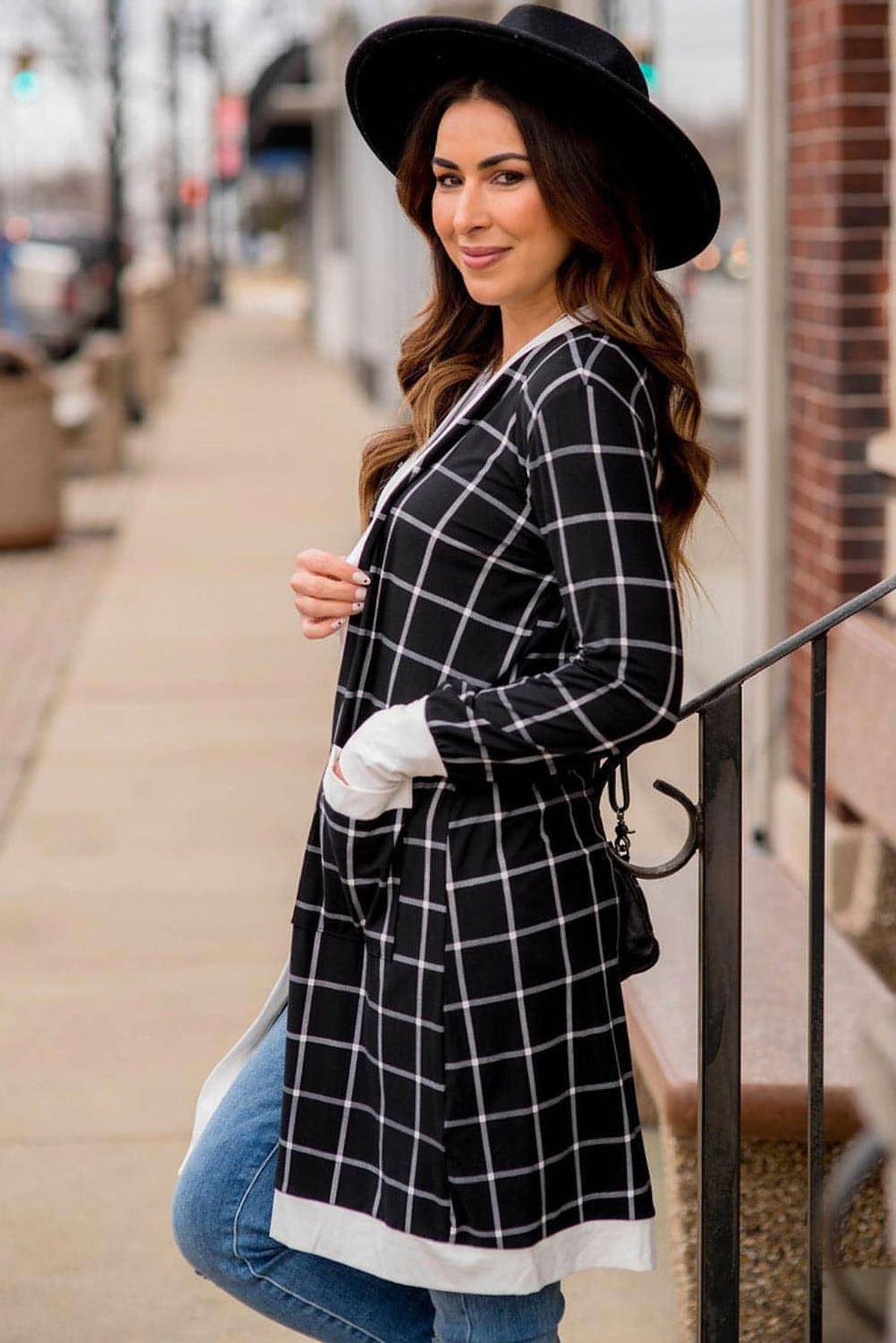 Black Plaid Colorblock Edge Open Cardigan with Pocket - enhanced image 2