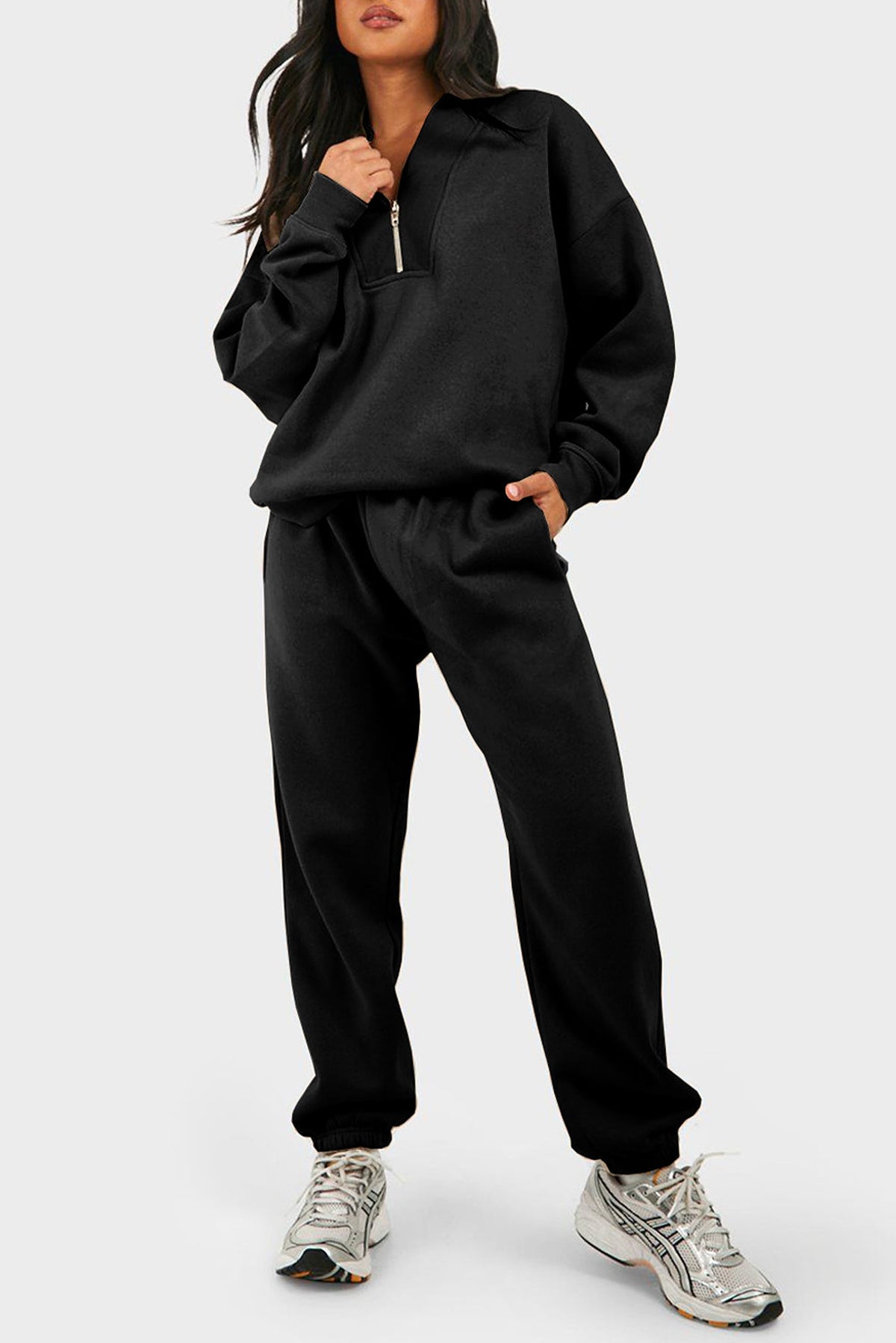 Black Plain Half Zip V Neck Ribbed Edge Loose Tracksuit - enhanced image 2