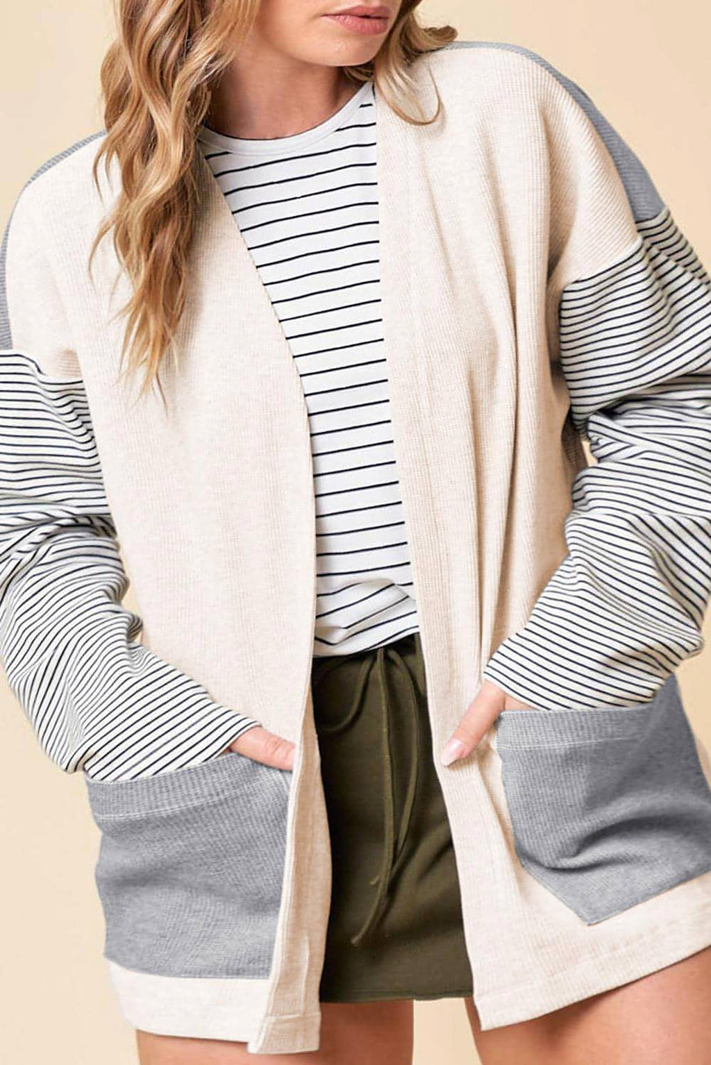 Black Stripe Colorblock Patchwork Open Front Cardigan with Pocket - enhanced image 2