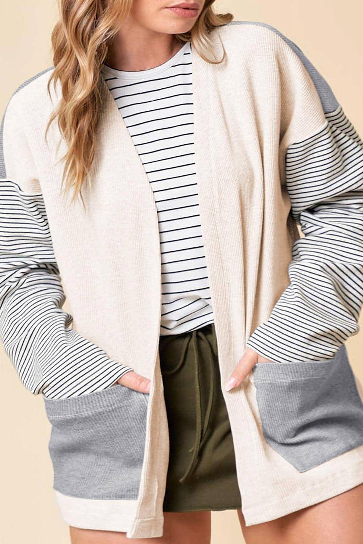 Black Stripe Colorblock Patchwork Open Front Cardigan with Pocket - enhanced image 2