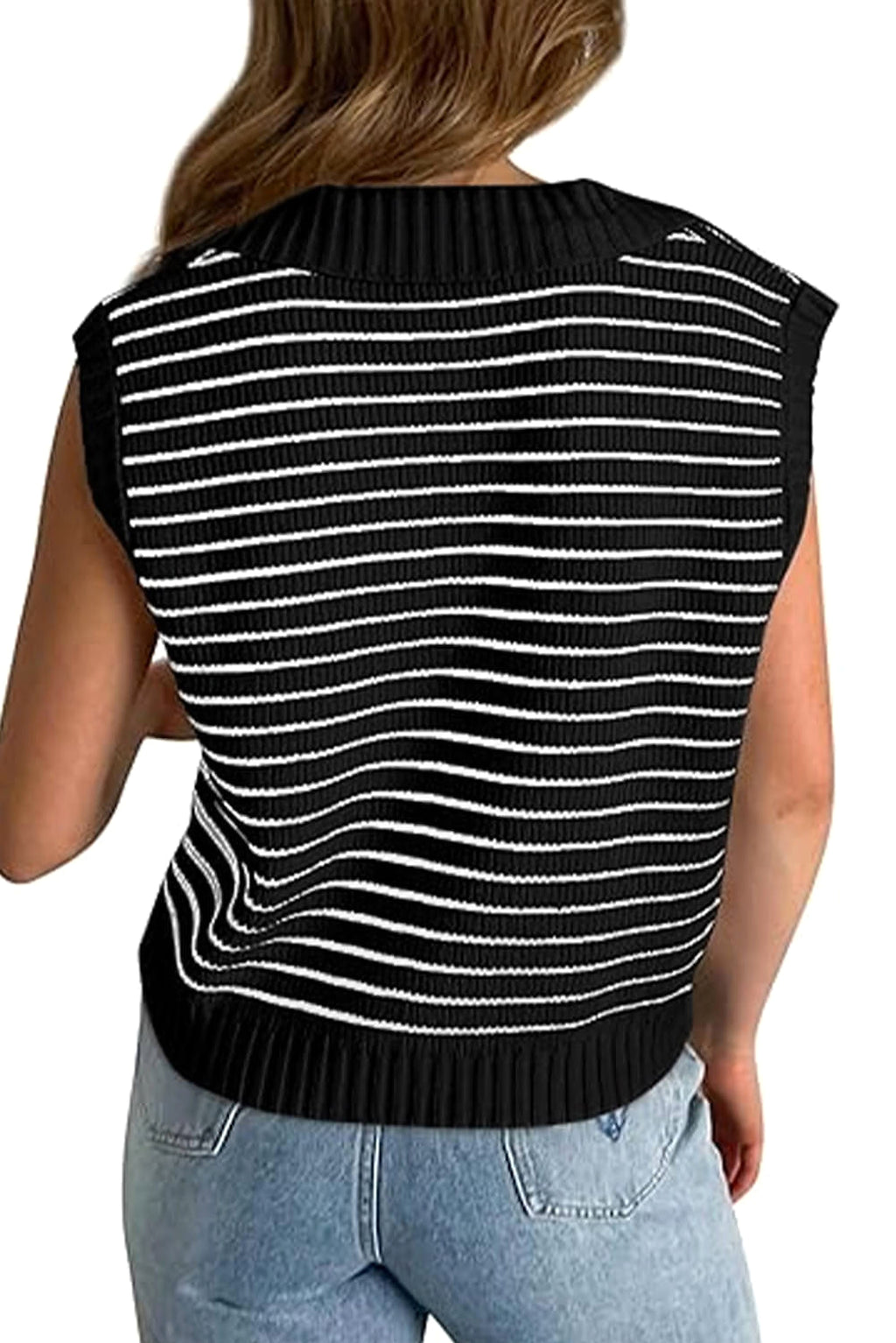 Black Stripe Turn-down V Neck Sweater Tank Top - enhanced image 2
