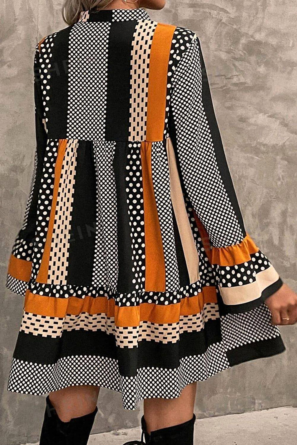 Black Striped Polka Dot Print Ruffled Hem V Neck Mini Dress - enhanced image 2