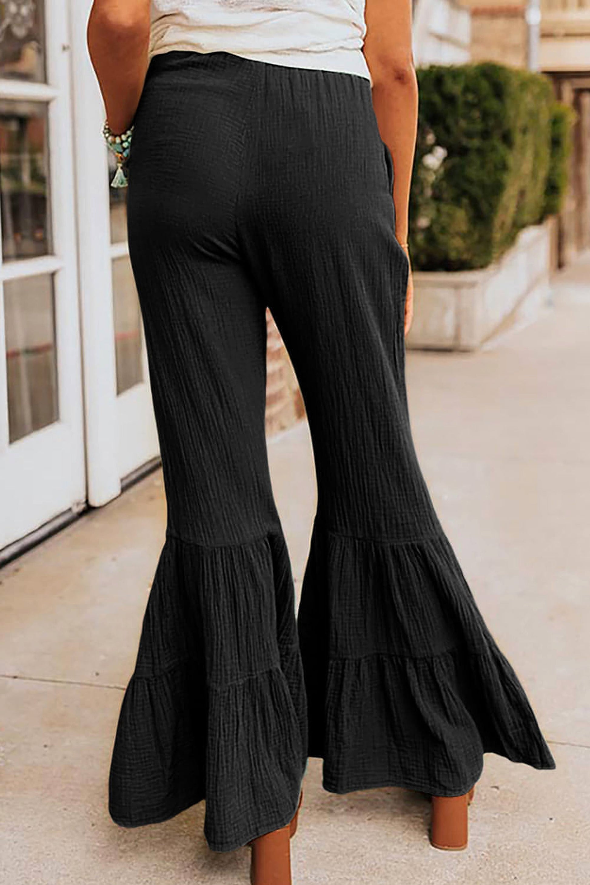 Black Textured High Waist Ruffled Bell Bottom Pants - enhanced image 2