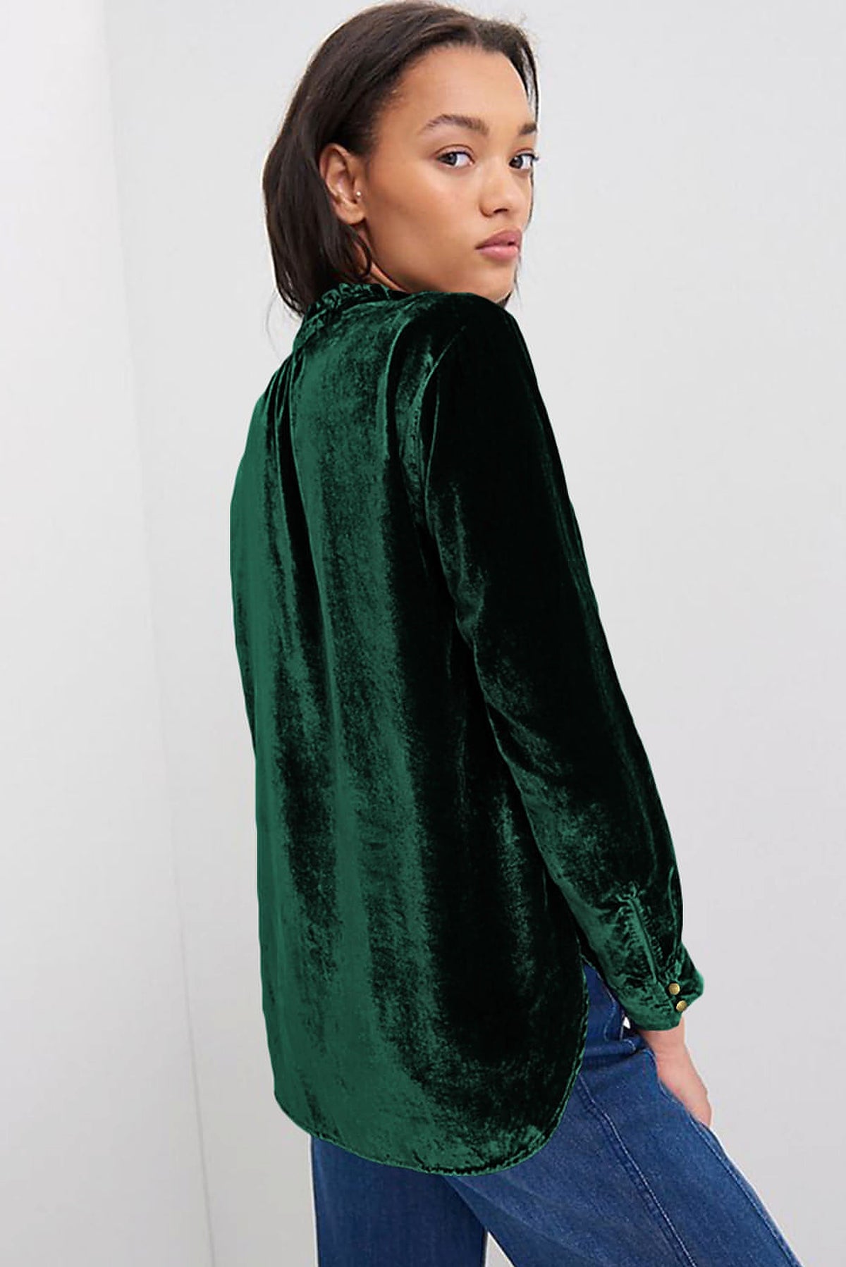 Blackish Green Frilled Neck Buttoned Front Velvet Top - enhanced image 2