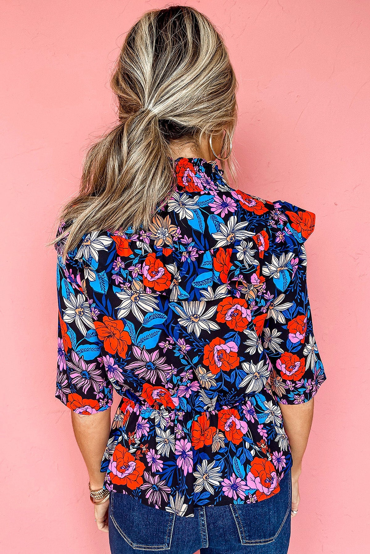 Blue Floral Print Ruffle Peplum Top - enhanced image 2