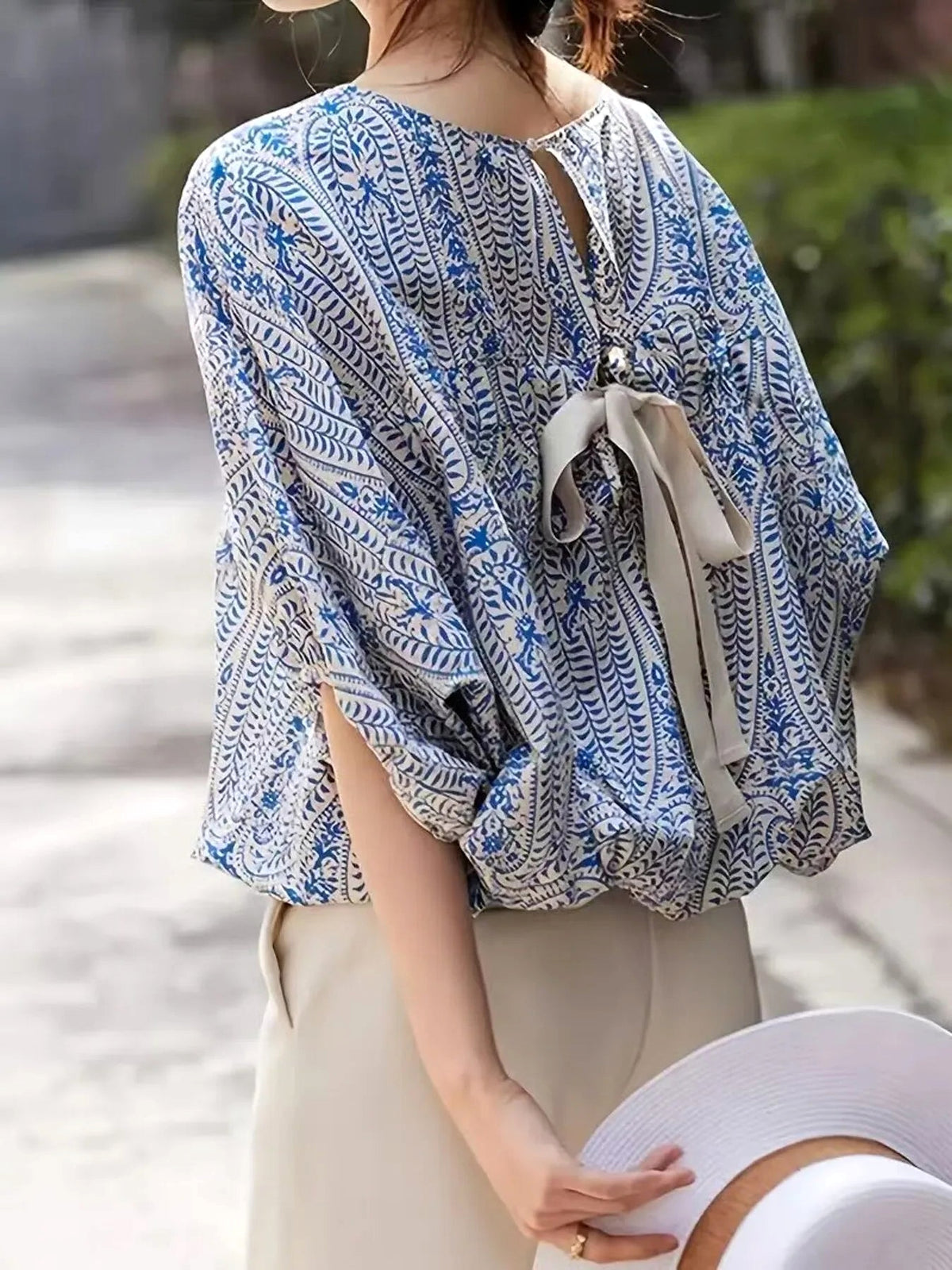 Bohemian Print Round Neck Loose Batwing Sleeve Blouse - enhanced image 2