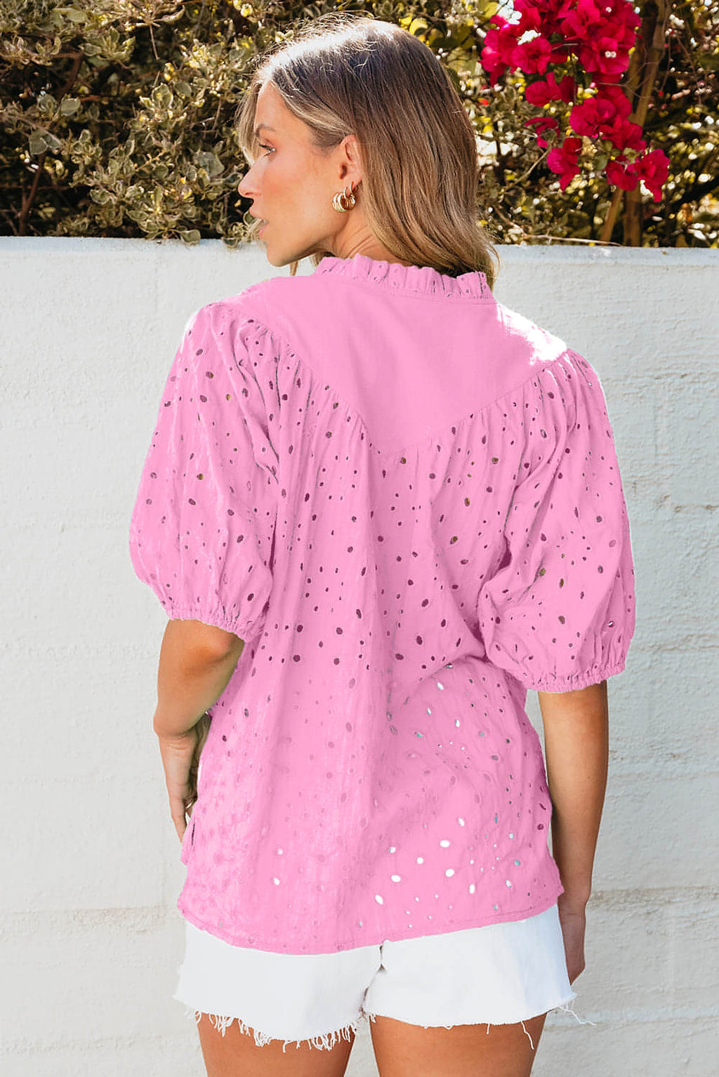 Bonbon Flower Embroidered Hollow-out Puff Sleeve Blouse - enhanced image 2