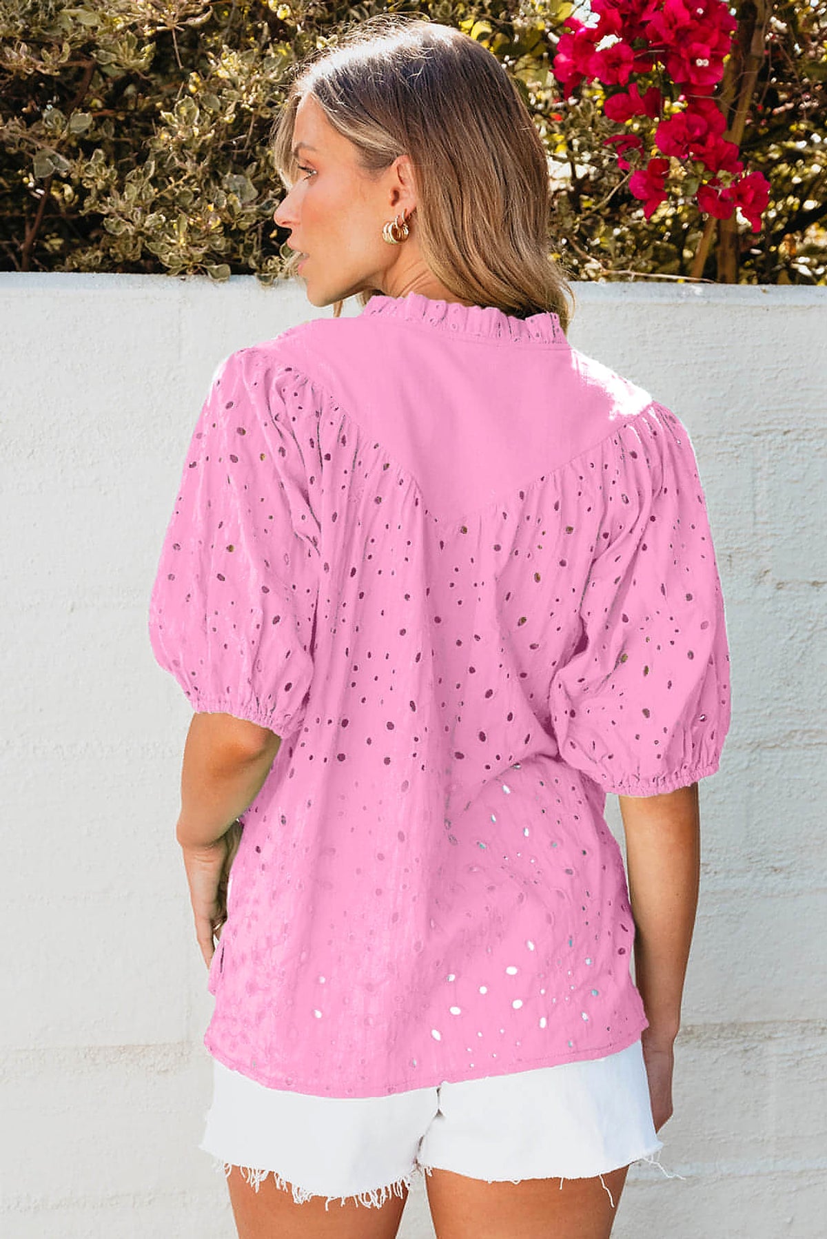 Bonbon Flower Embroidered Hollow-out Puff Sleeve Blouse - enhanced image 2