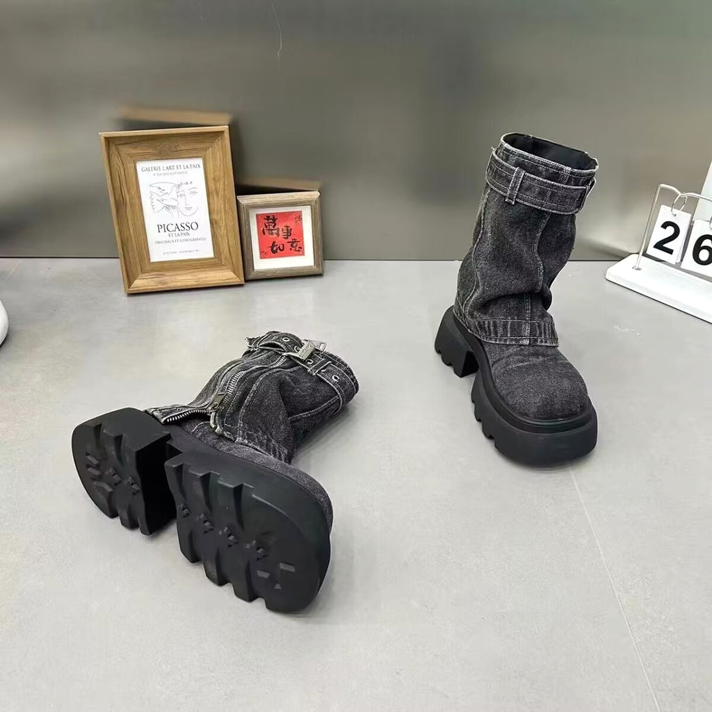 Boots Denim Fake Two Pieces Pile Style Boots Motorcycle Boots - enhanced image 2