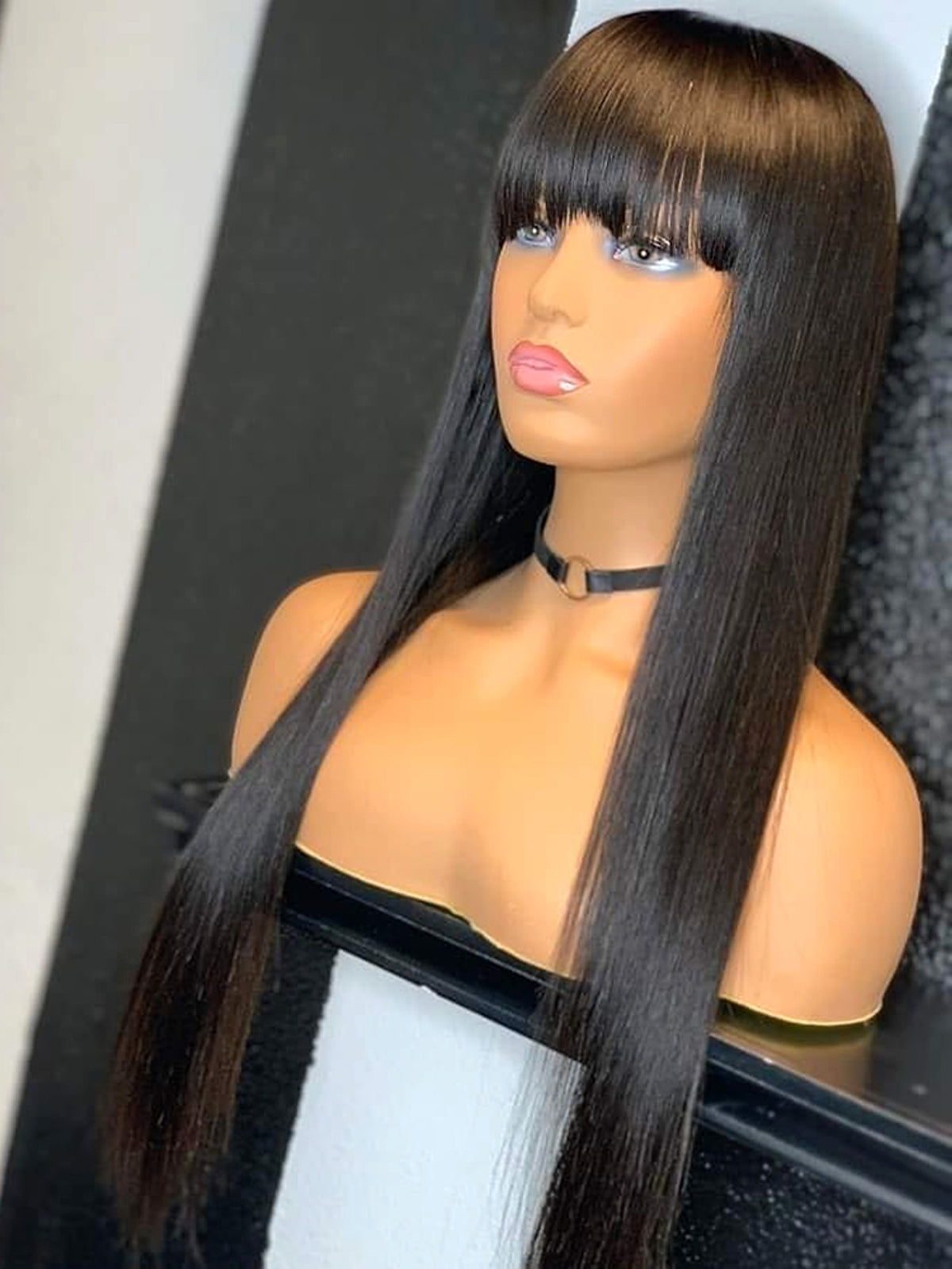 LuxeWaves Brazilian Straight Black 100 Real Hair 30Inch Long Bangs Wig - enhanced image 2