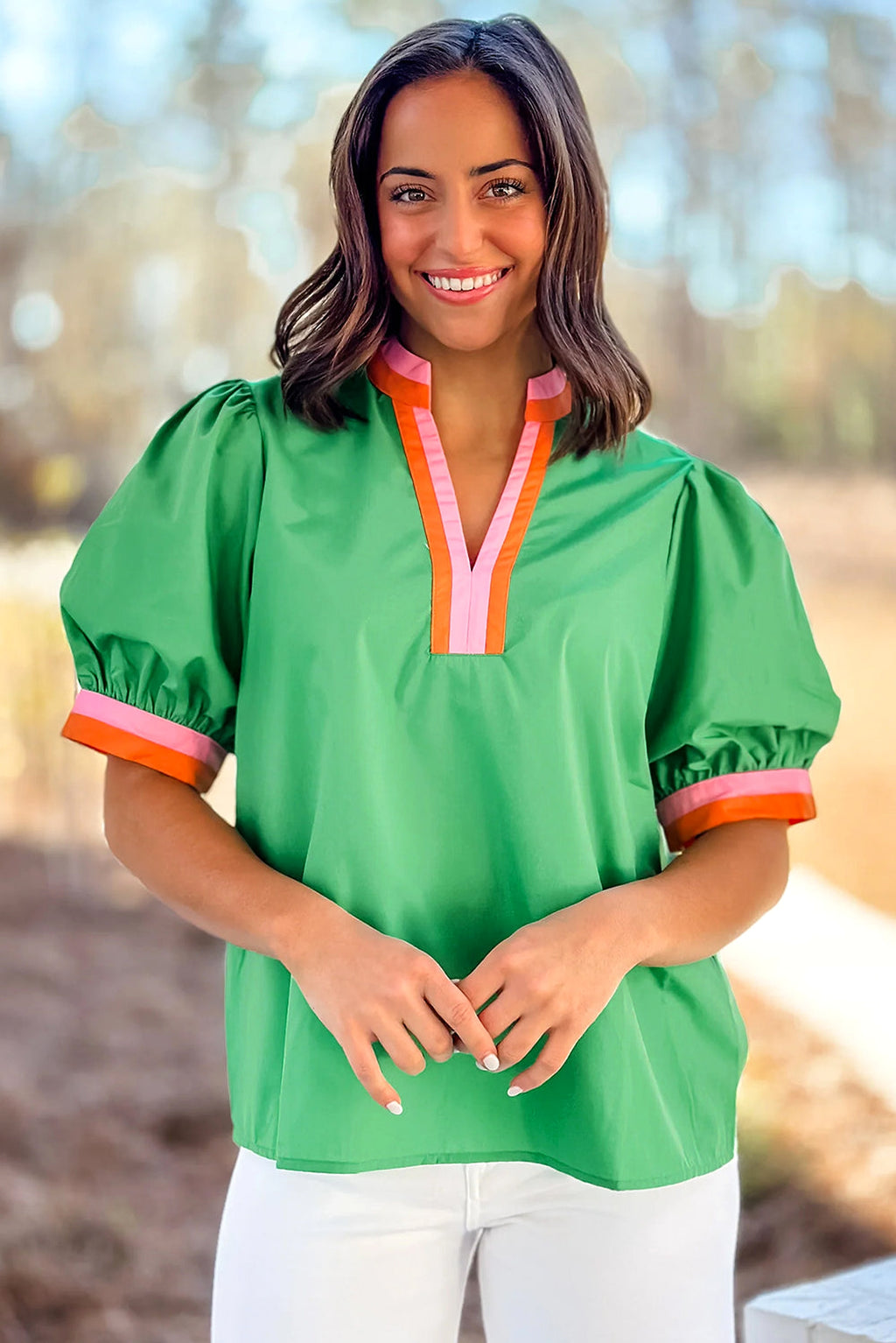 Bright Green Contrast Striped V Neck Collision Short Puff Sleeve Blouse - enhanced image 2