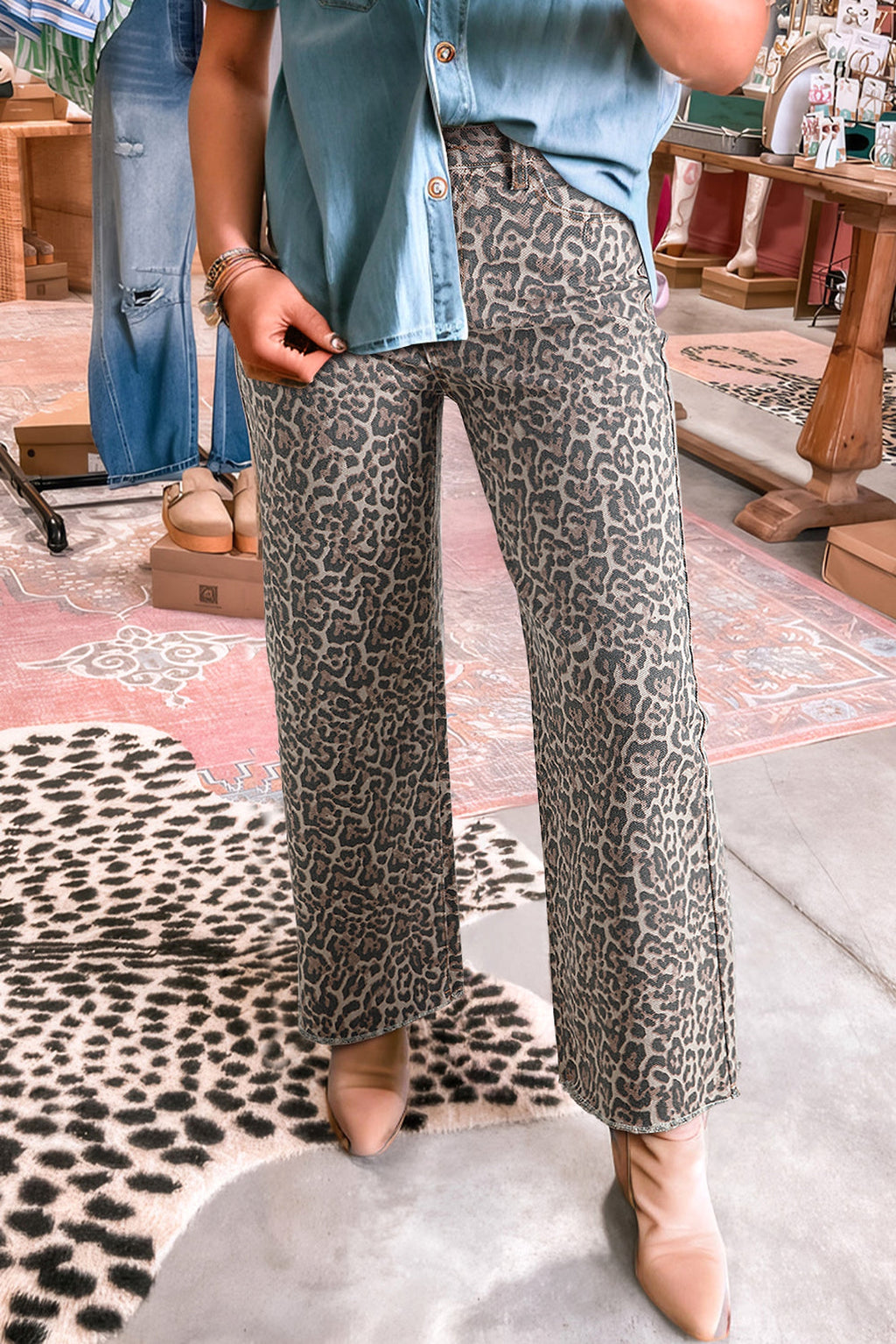 Brown Leopard Frayed Edge Wide Leg High Waist Jeans - enhanced image 2
