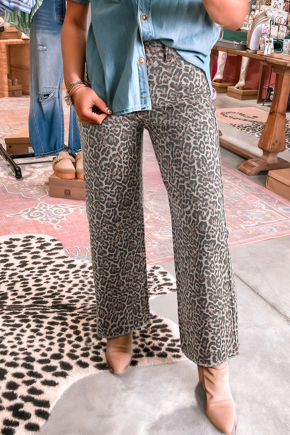 Brown Leopard Frayed Edge Wide Leg High Waist Jeans - enhanced image 2