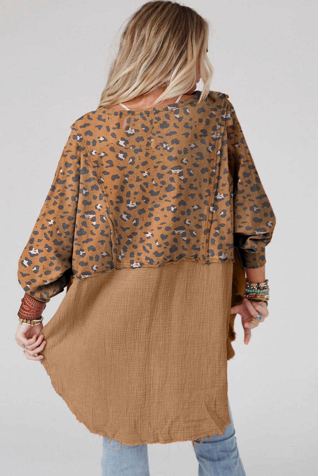 Brown Printed Raw Edge Leopard Patchwork Oversized Blouse - enhanced image 2
