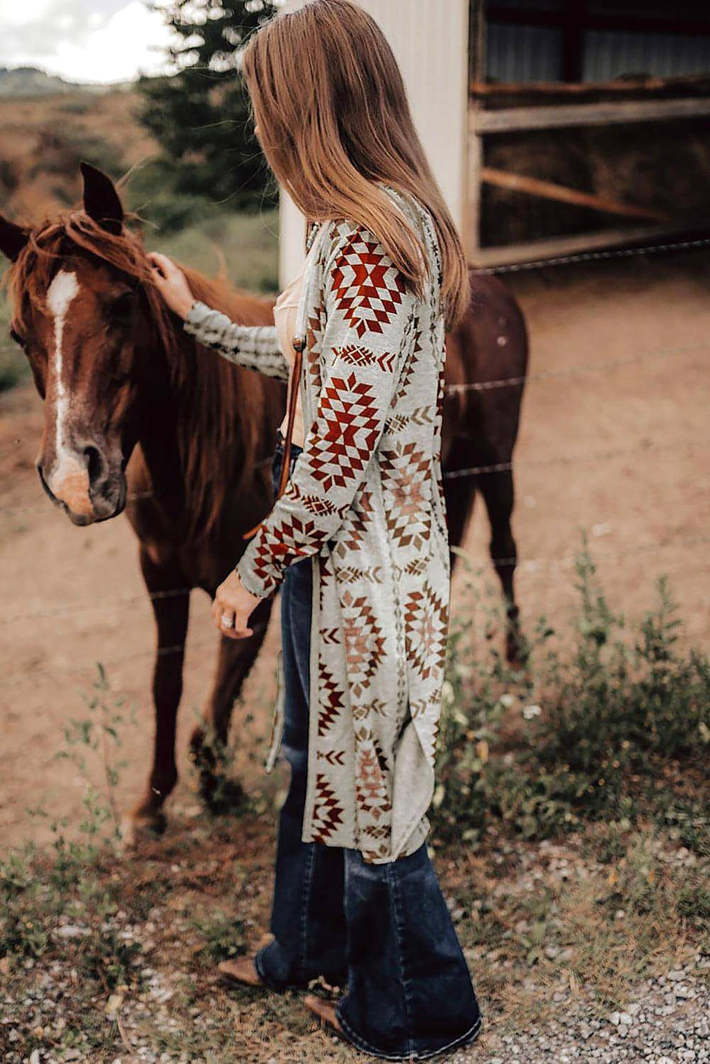 Brown Western Aztec Printed Open Front Long Cardigan - enhanced image 2