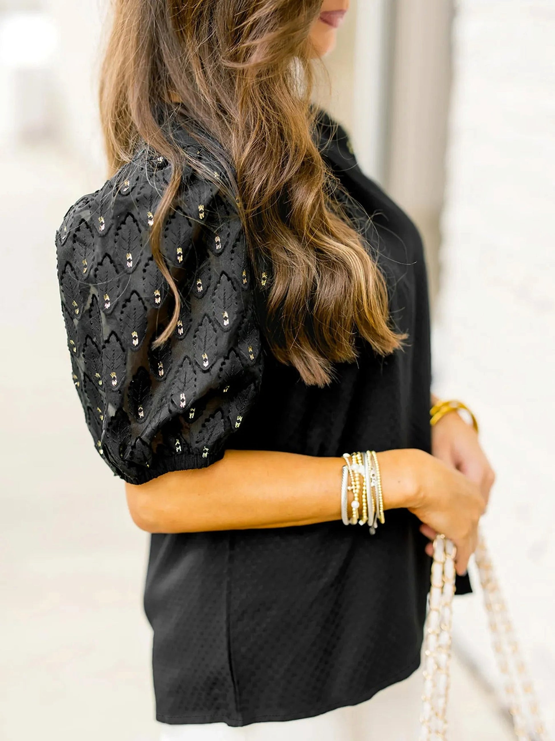 Bubble Sleeve Patchwork Textured Blouse - enhanced image 2