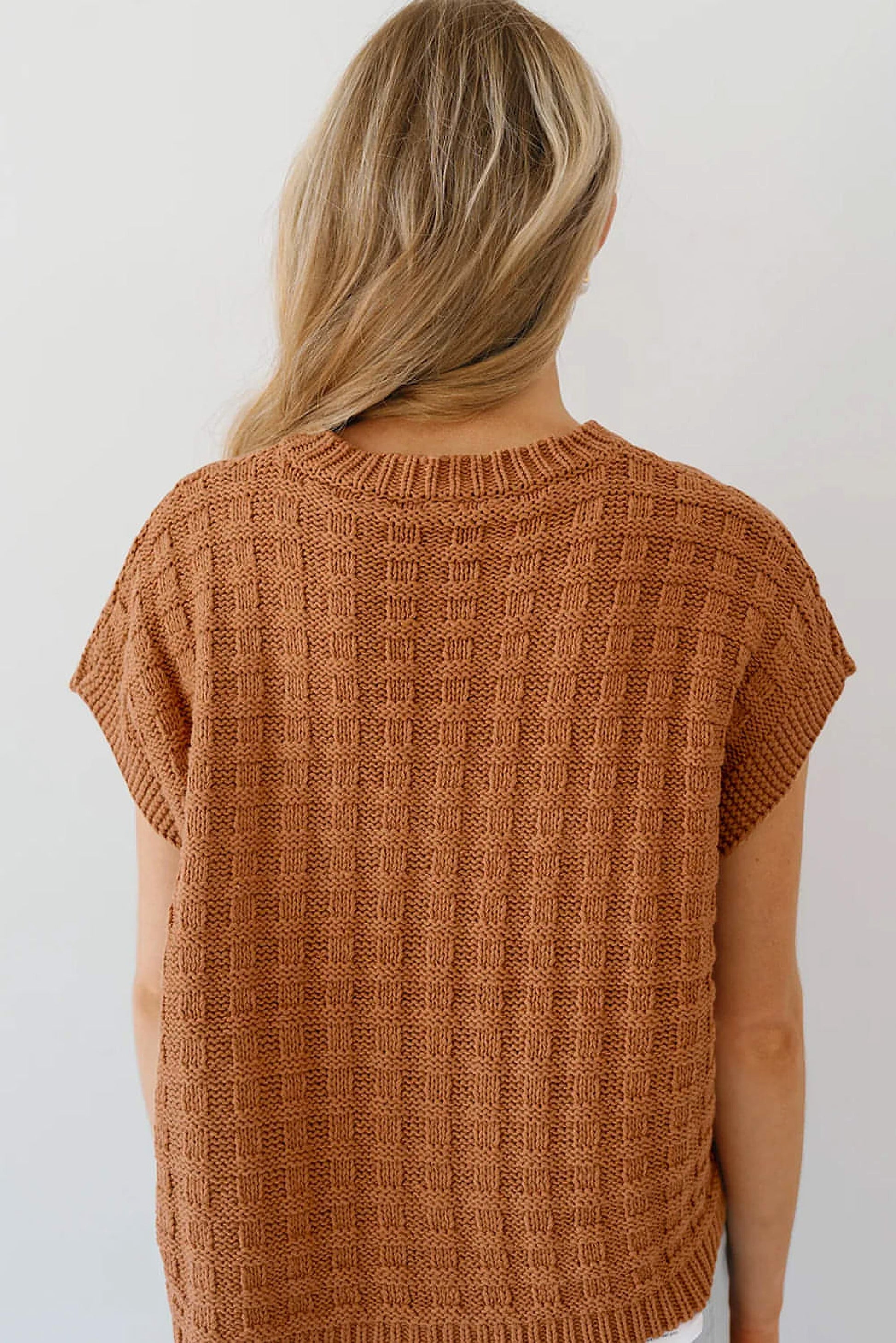 Camel Round Neck Textured Knit Sweater Vest - enhanced image 2
