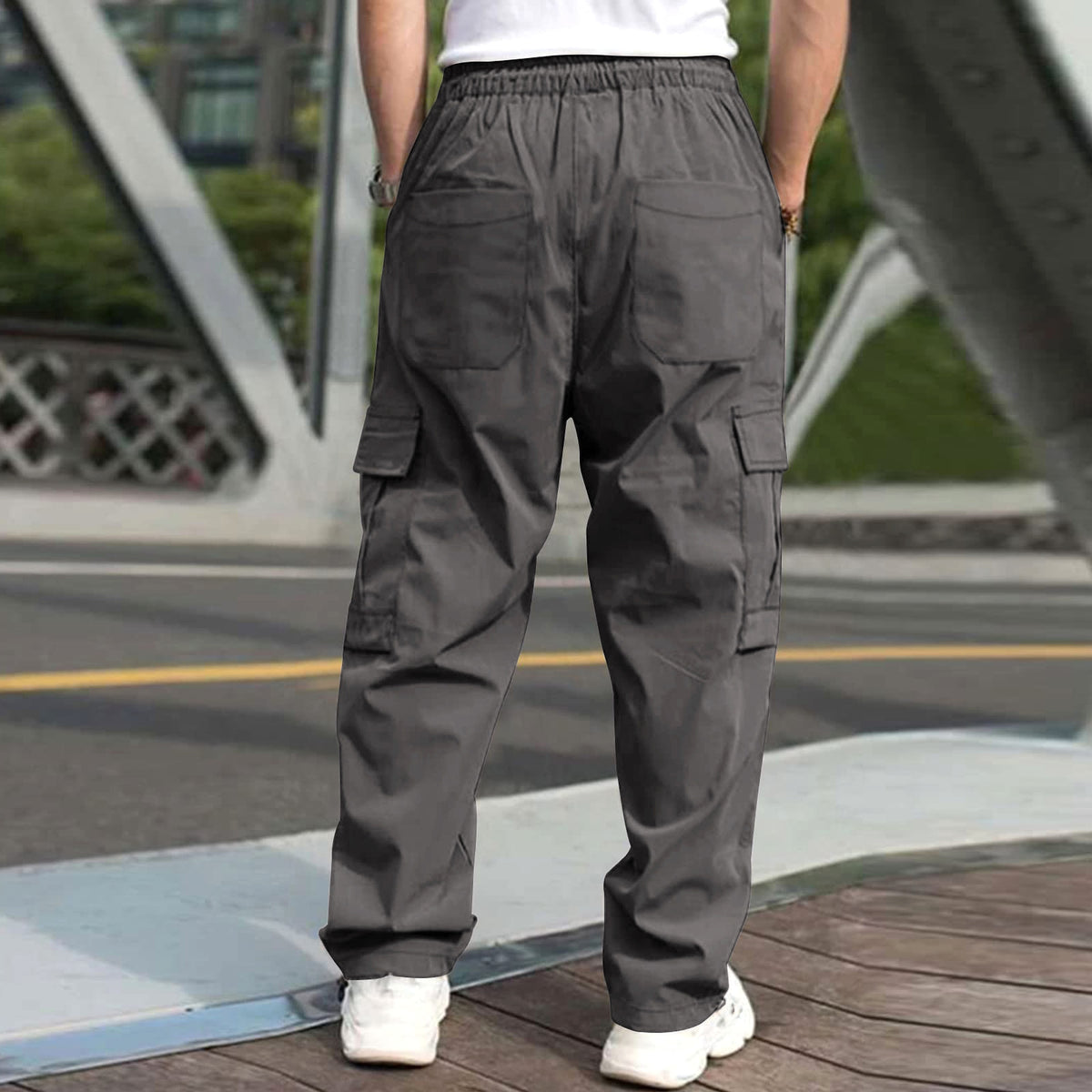 Casual Cargo Pants For Men Loose Straight Drawstring Waist Trousers With Pockets - enhanced image 2
