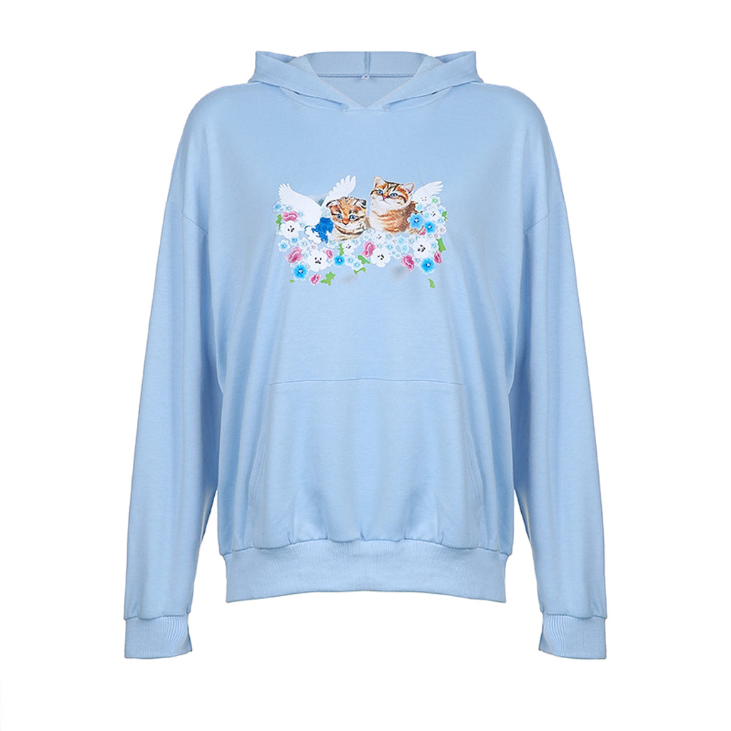 Cat Print Hooded Loose Pullover Long Sleeve Casual Sweater Women - enhanced image 2