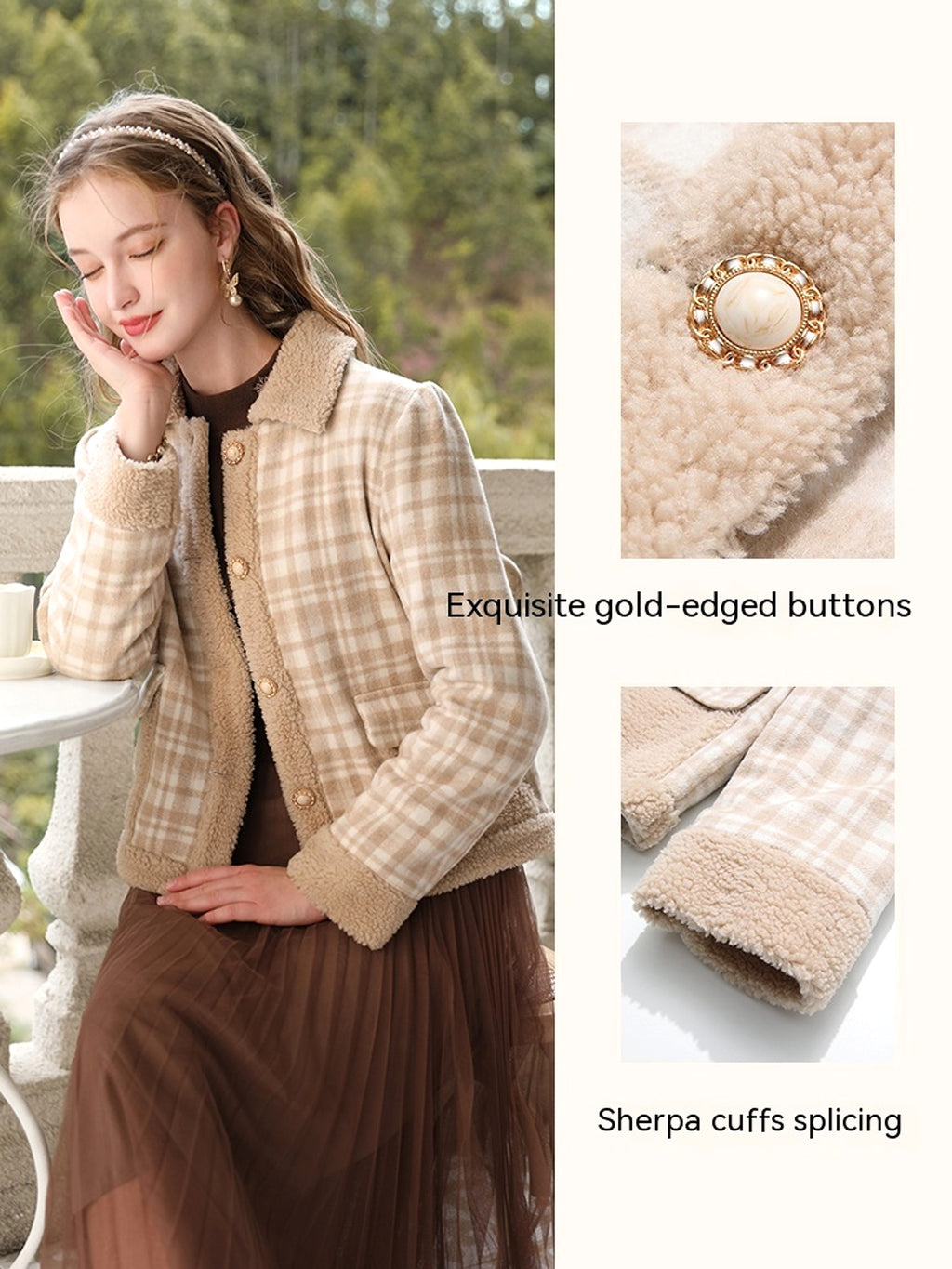 Checkered Lamb Cashmere Patchwork Cotton Jacket For Women - enhanced image 2
