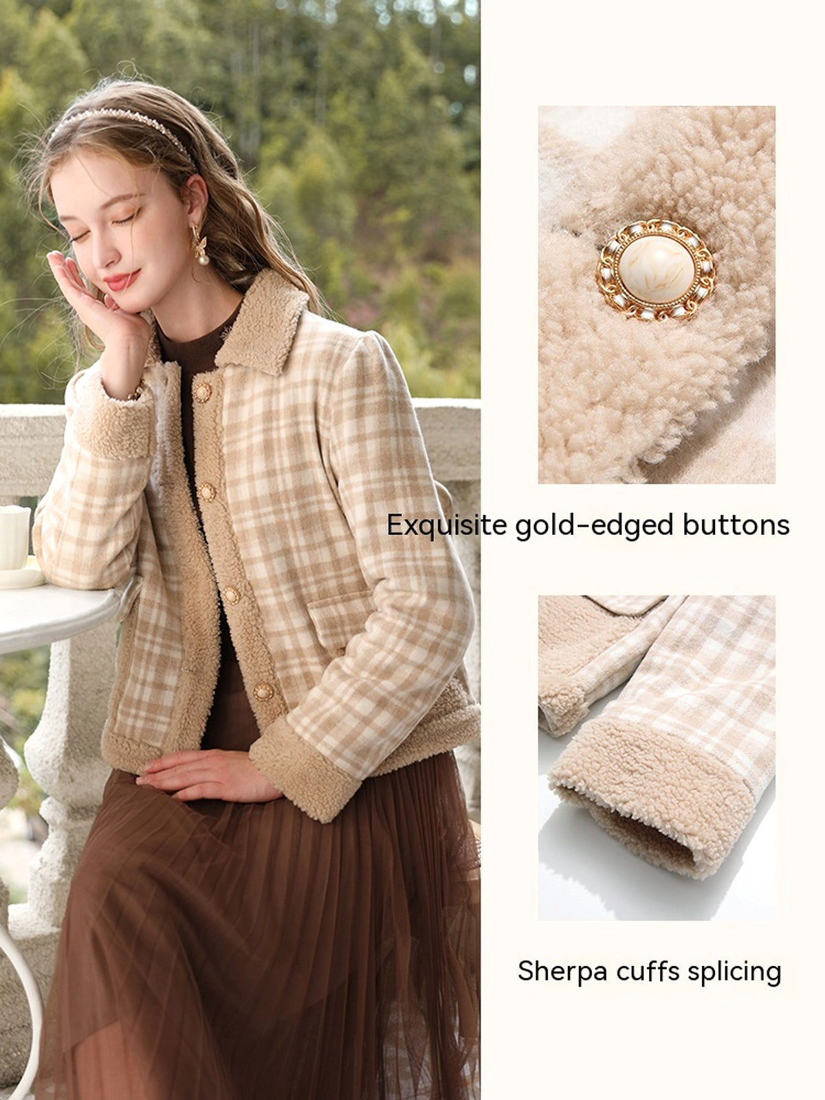 Checkered Lamb Cashmere Patchwork Cotton Jacket For Women - enhanced image 2