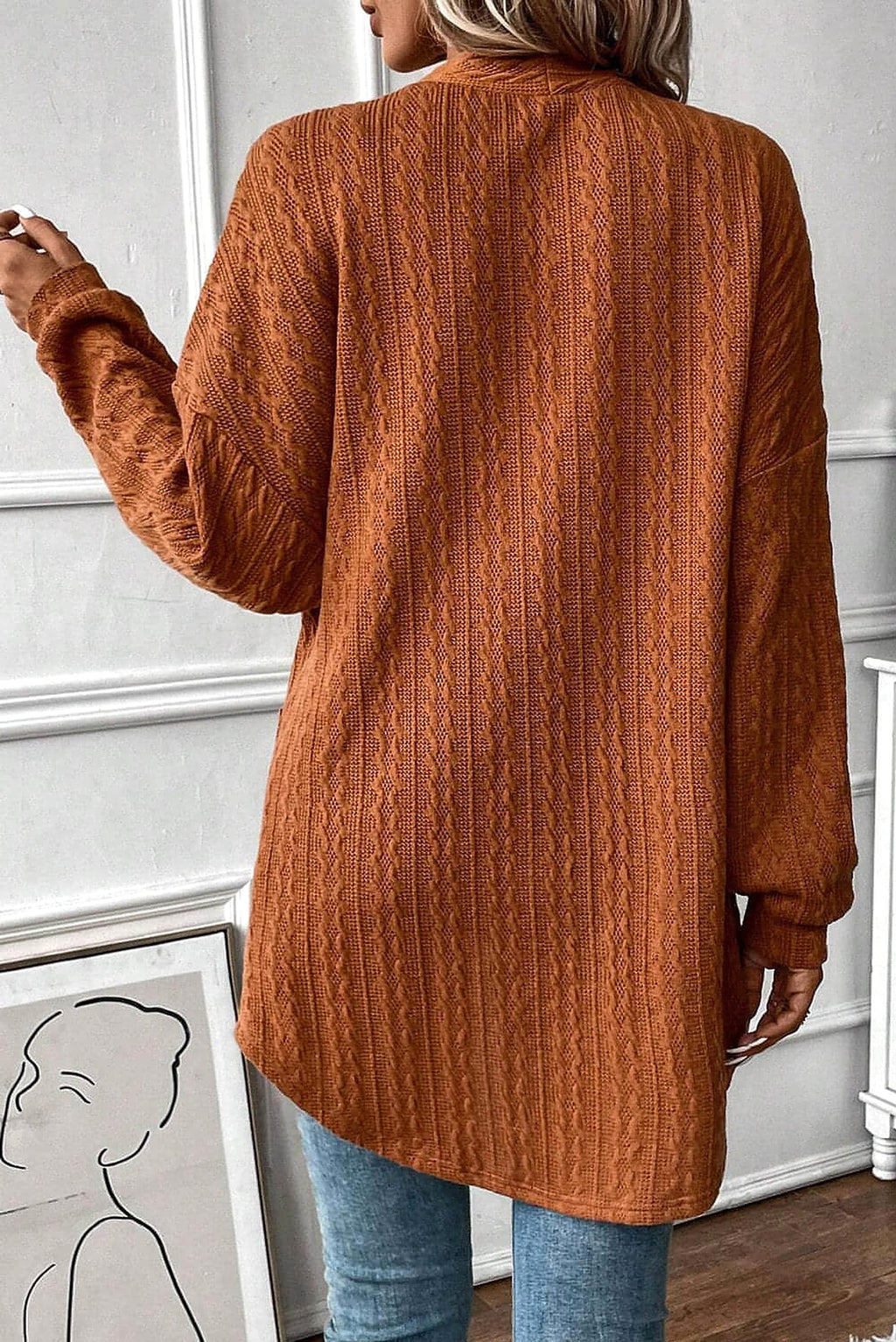 Chestnut Textured Knit Side Pockets Open Front Cardigan - enhanced image 2
