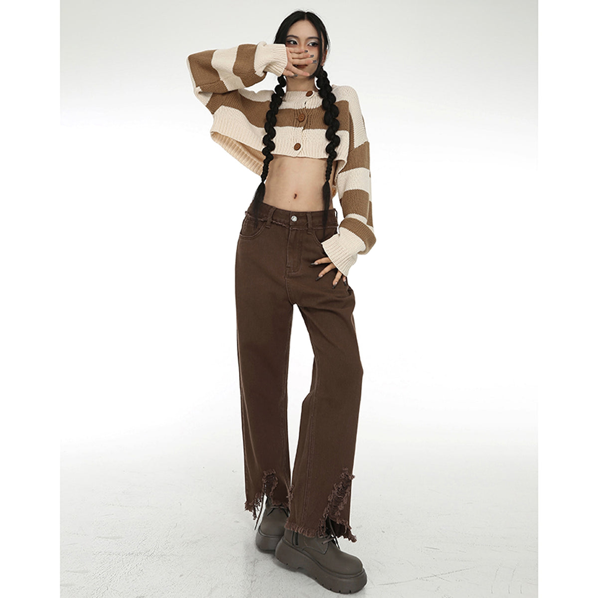 Coffee Colored Distressed Cropped Jeans For Women - enhanced image 2