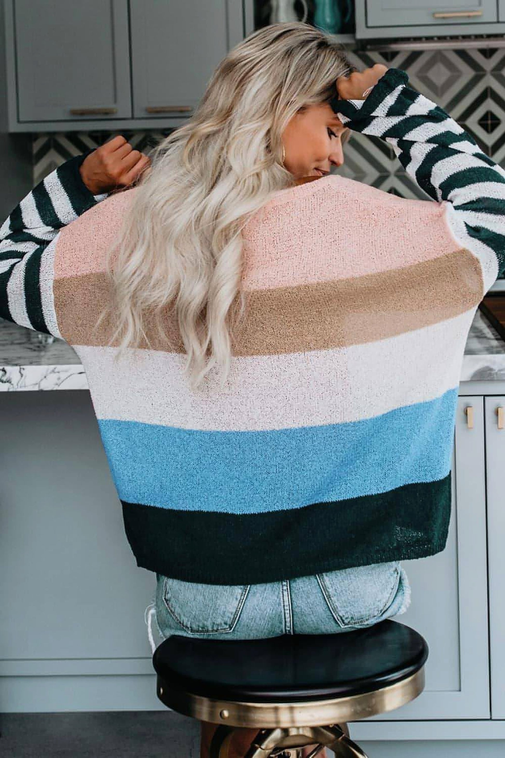 Color Block Boat Neck Dropped Shoulder Sweater - enhanced image 2