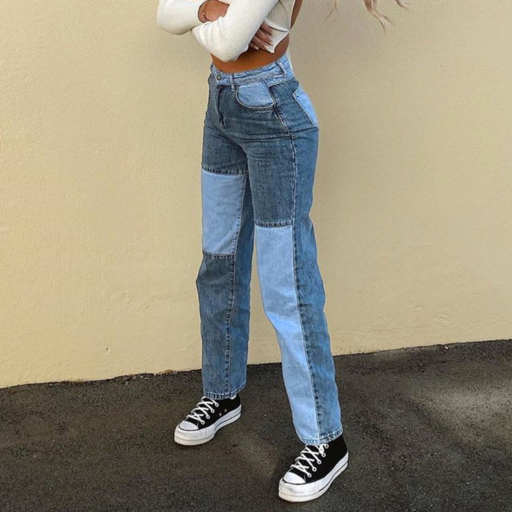 Contrasting Stitching High-rise Straight-leg Jeans Women - enhanced image 2