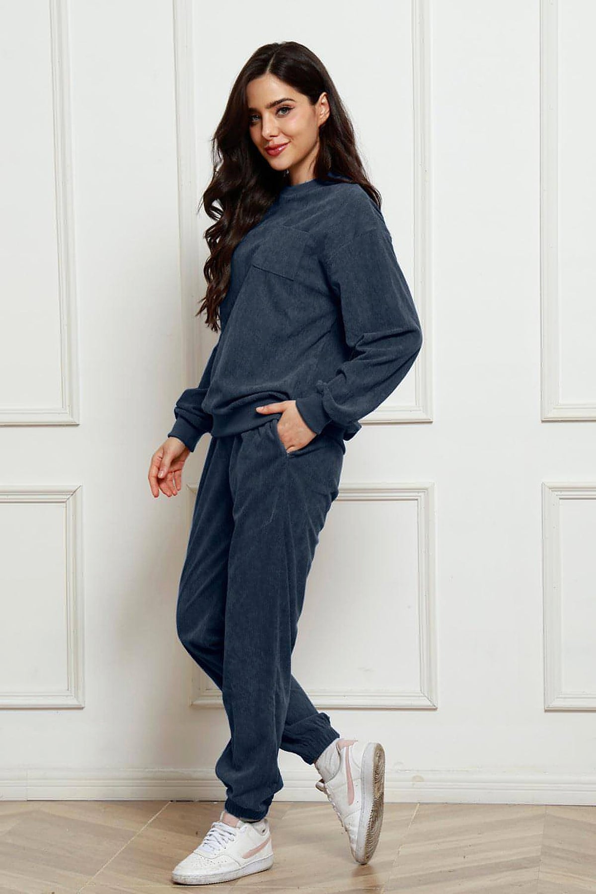 Corduroy Round Neck Sweatshirt and Sweatpants Set - enhanced image 2