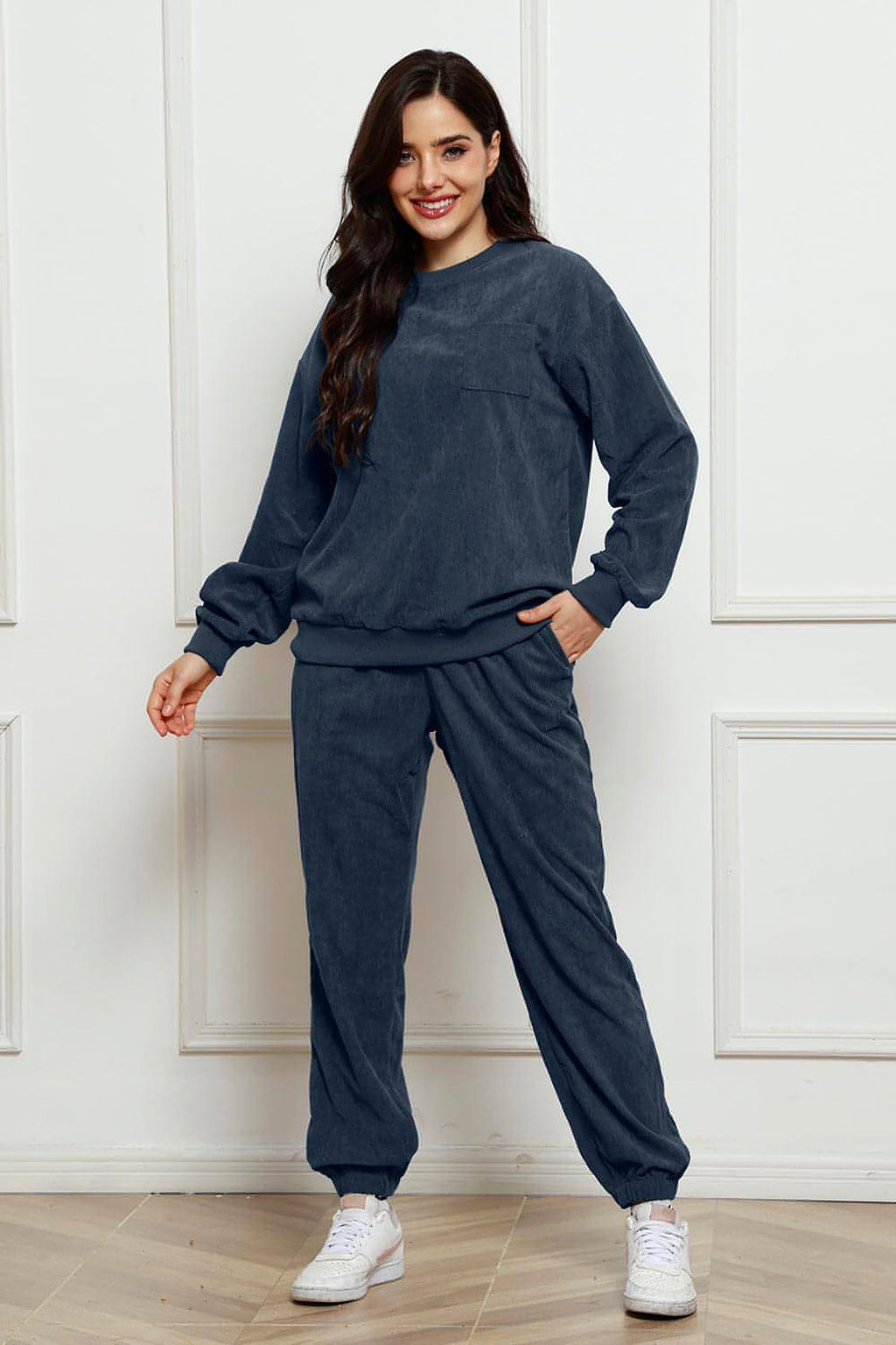 Corduroy Round Neck Sweatshirt and Sweatpants Set - enhanced image 2