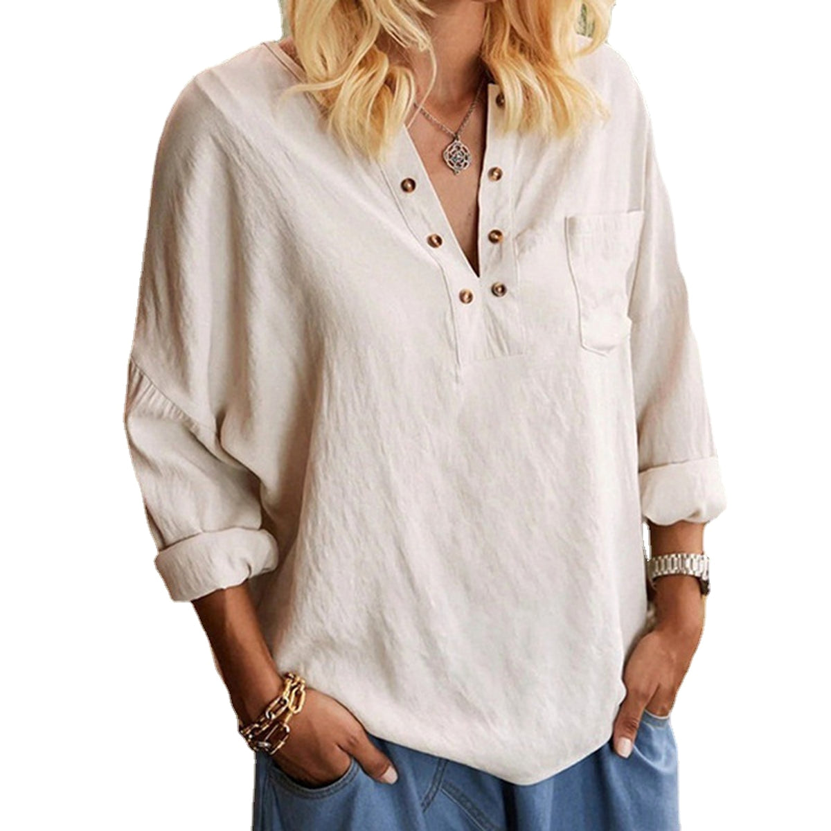 Cotton Linen Long Sleeve Blouse Women's - enhanced image 2