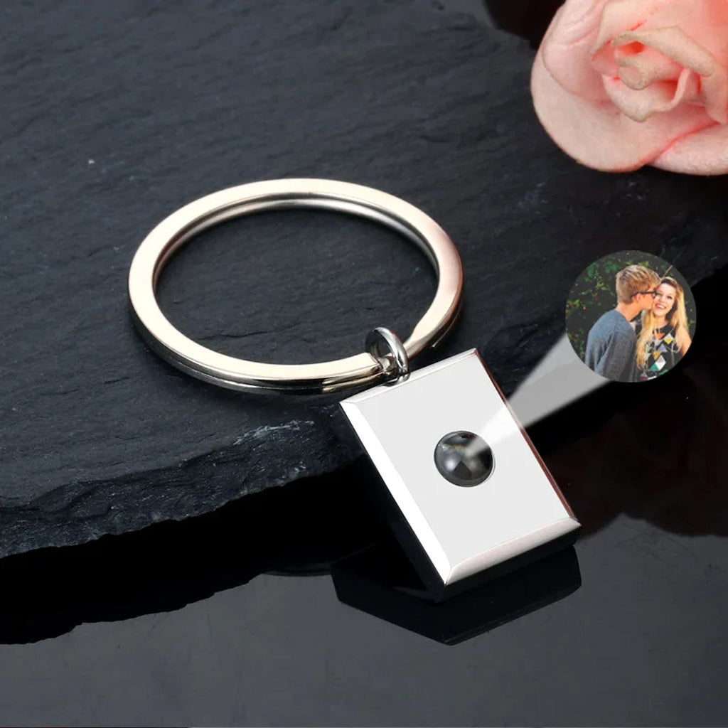 Customized Square Keychain Pendant with Bracelet & Projection Photo - enhanced image 2