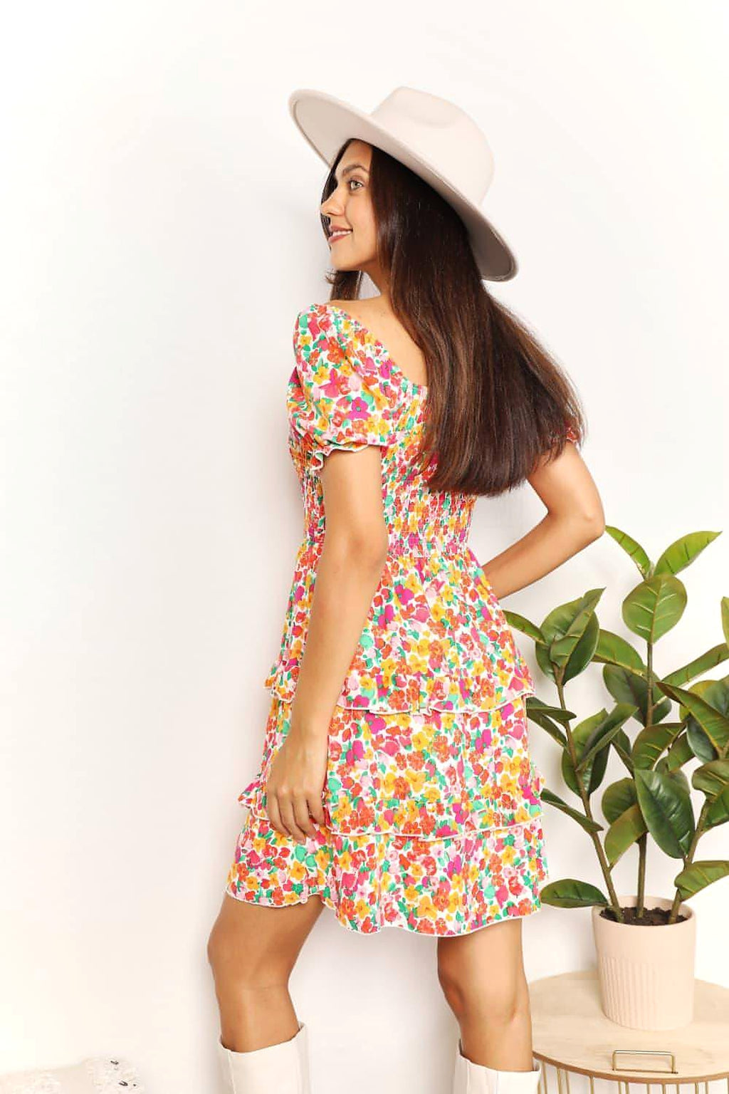 Devine Smocked Sweetheart Neck Flounce Sleeve Mini Dress - enhanced image 2