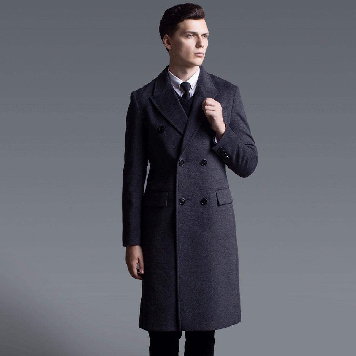 Double Breasted Long Sleeve Long Cashmere Trench Coat Large Size - enhanced image 2